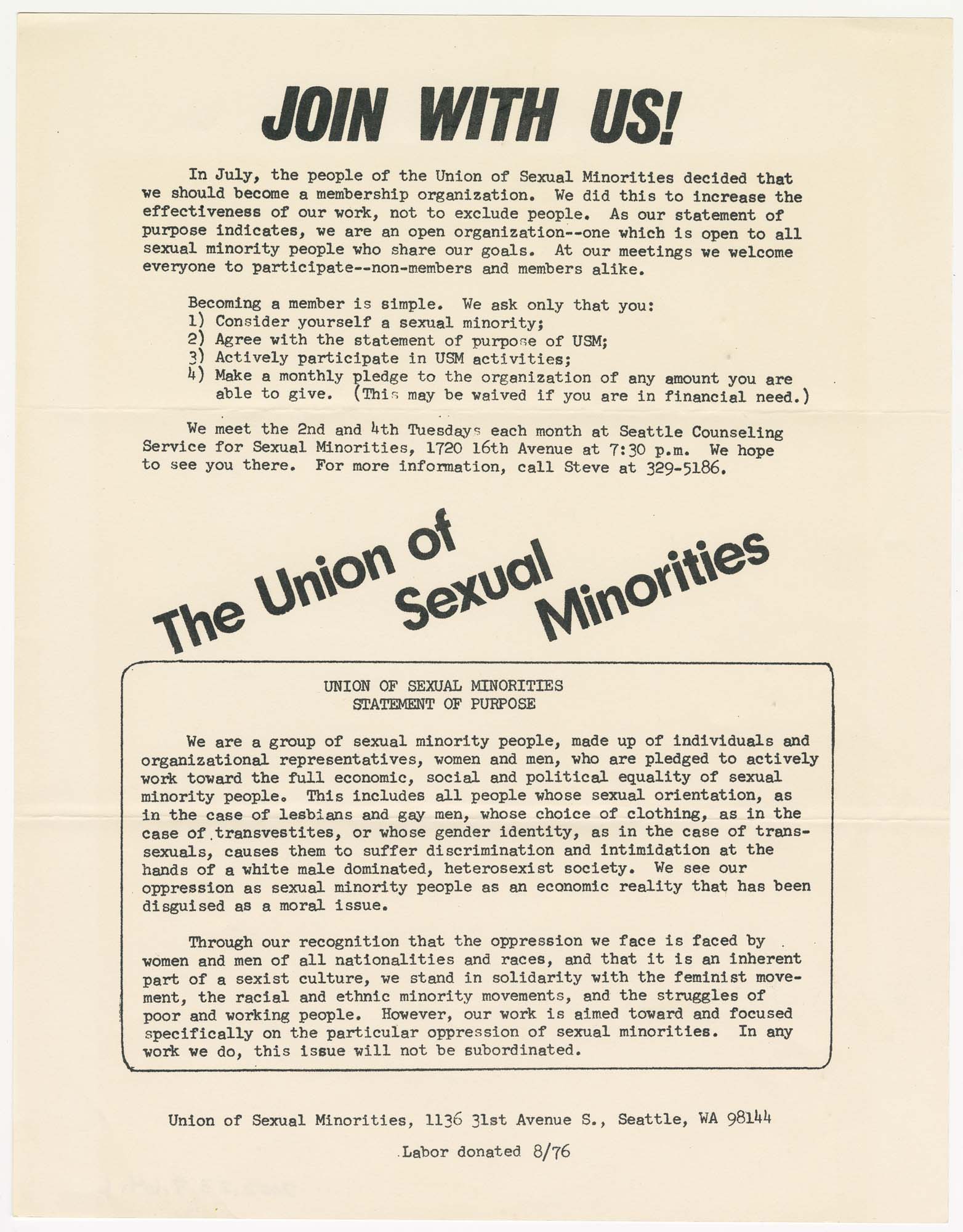 Image of Join With Us! The Union of Sexual Minorities, August, 1976