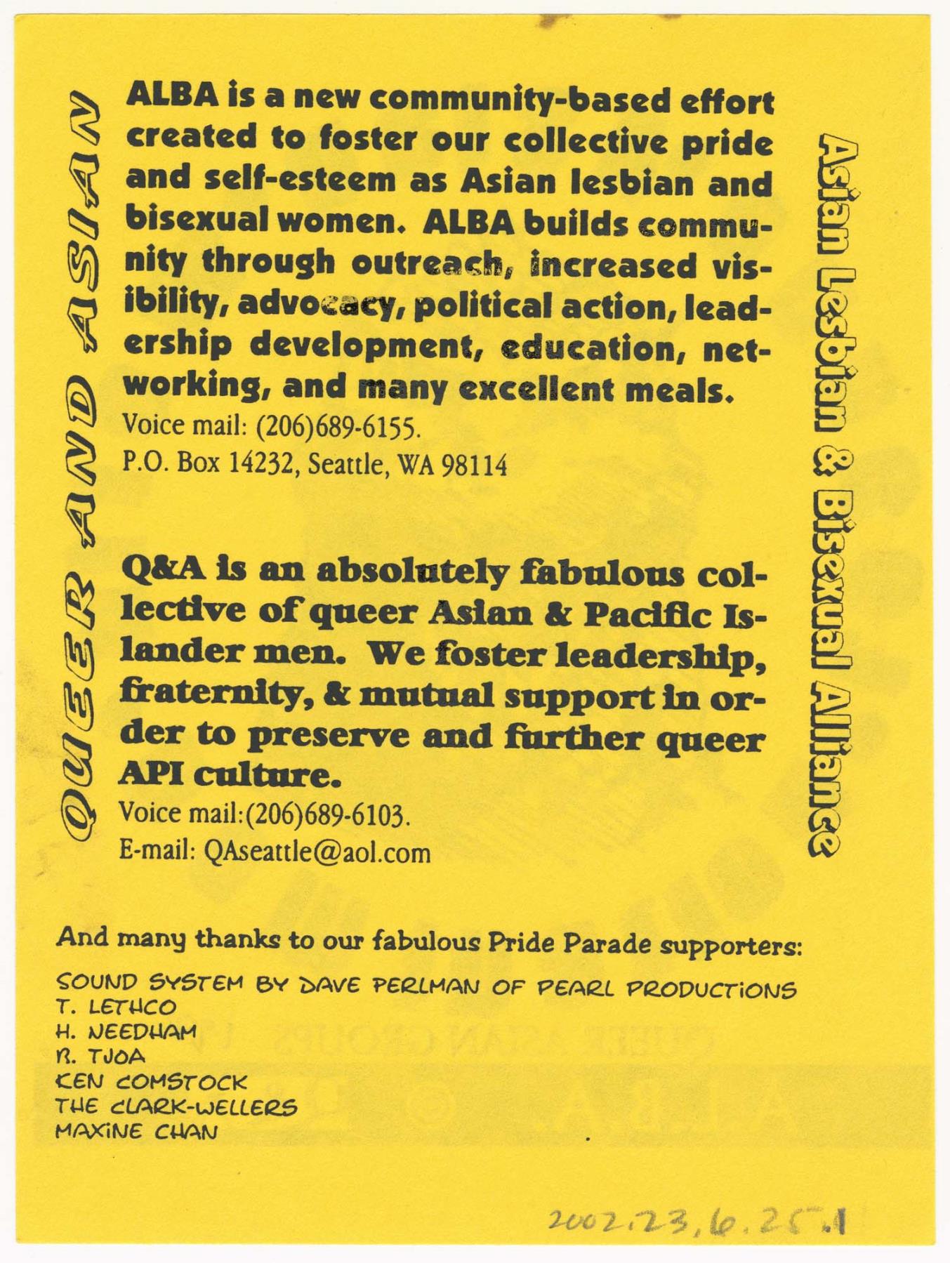 Image of Flier for Asian Lesbian & Bisexual Alliance (ALBA) and Queer & Asian (Q&A), 1996