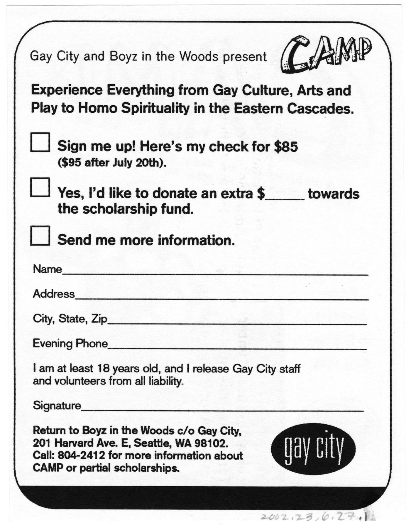 Image of CAMP registration card, from Gay City and Boyz in the Woods, 1996