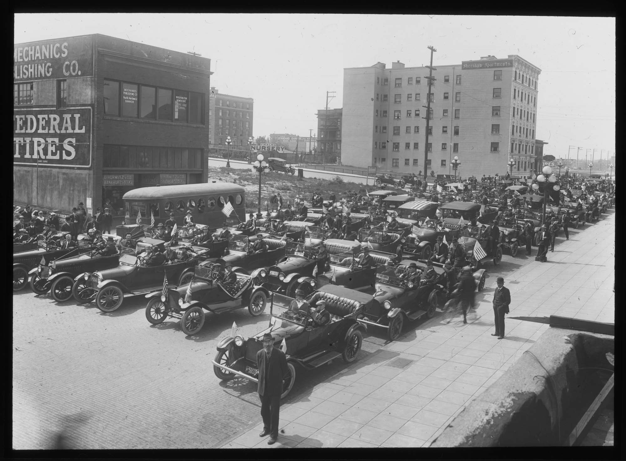 Image of Jitney buses in protest parade, Seattle, 1918