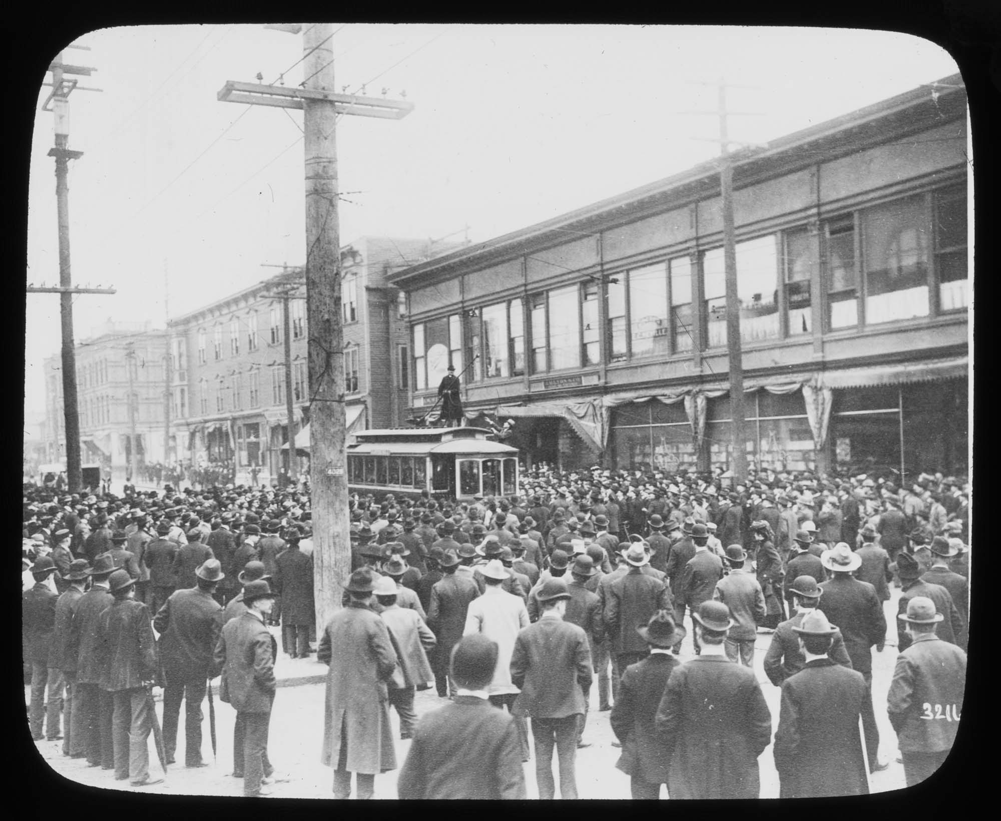 Image of Crowds during streetcar strike, Seattle, 1903