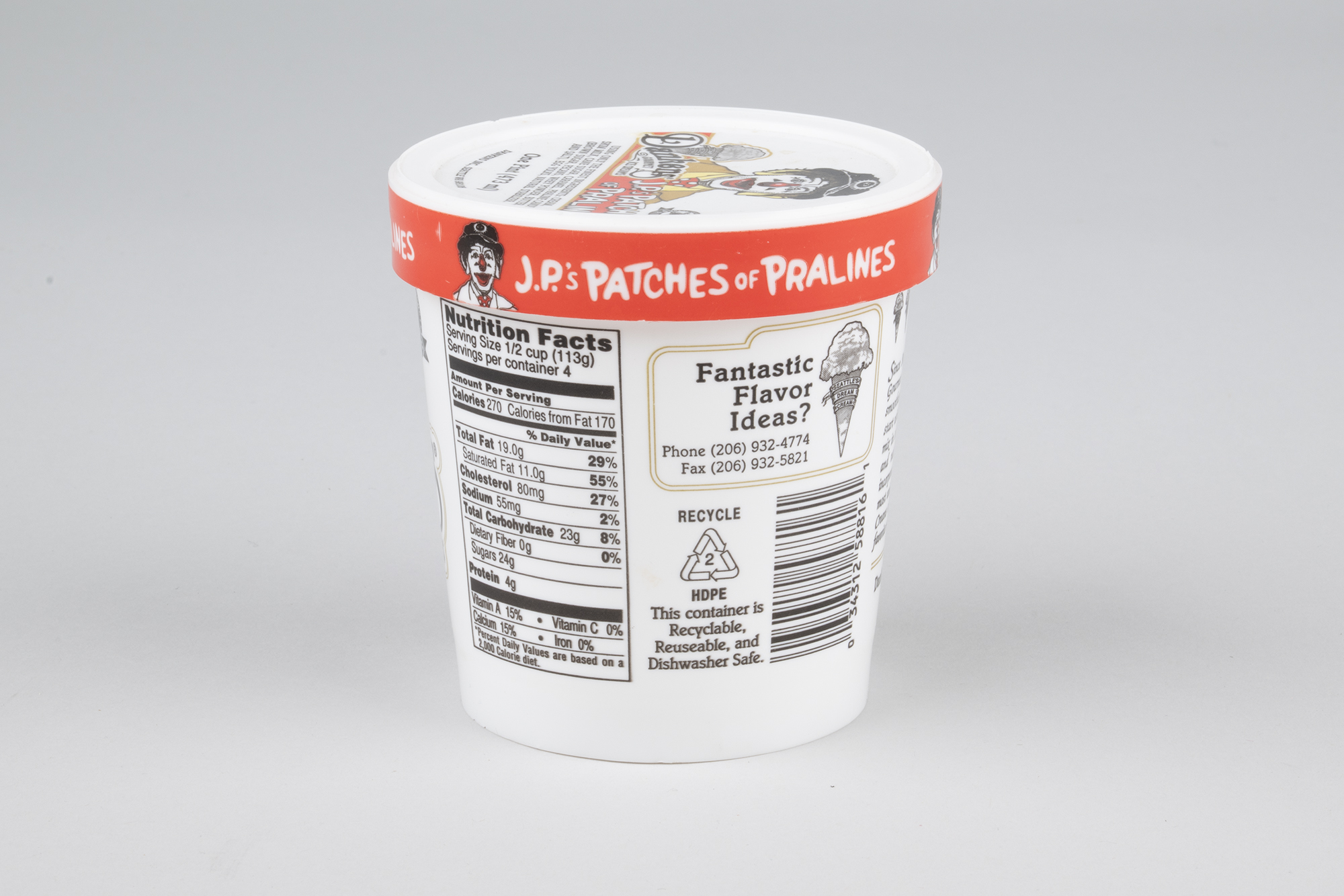 Image of Danken’s ice cream carton, J.P.'s Patches of Pralines, ca. 1992