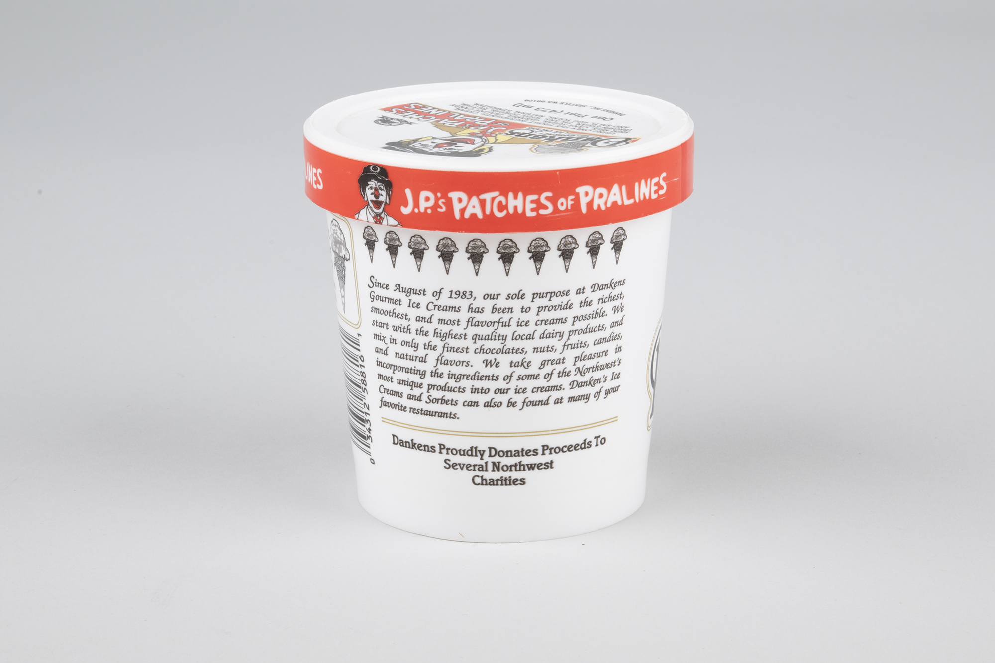 Image of Danken’s ice cream carton, J.P.'s Patches of Pralines, ca. 1992