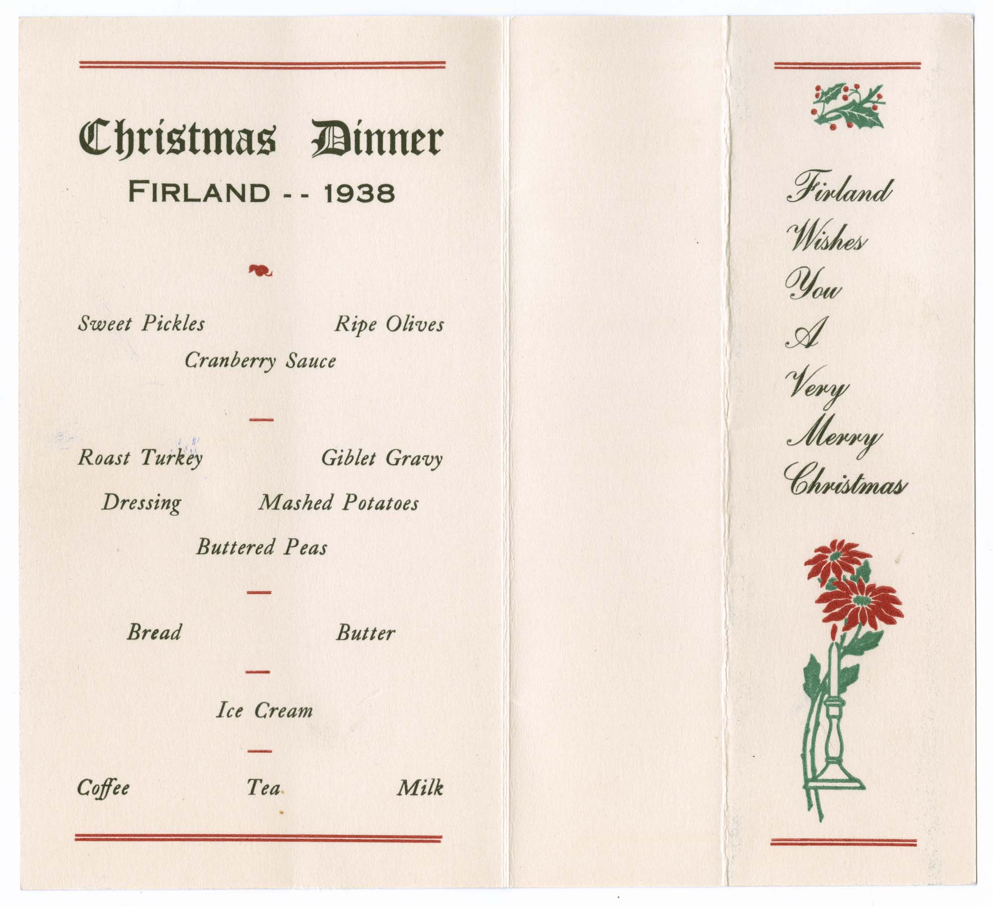 Image of Firland Sanatorium Christmas dinner menu, 1938
