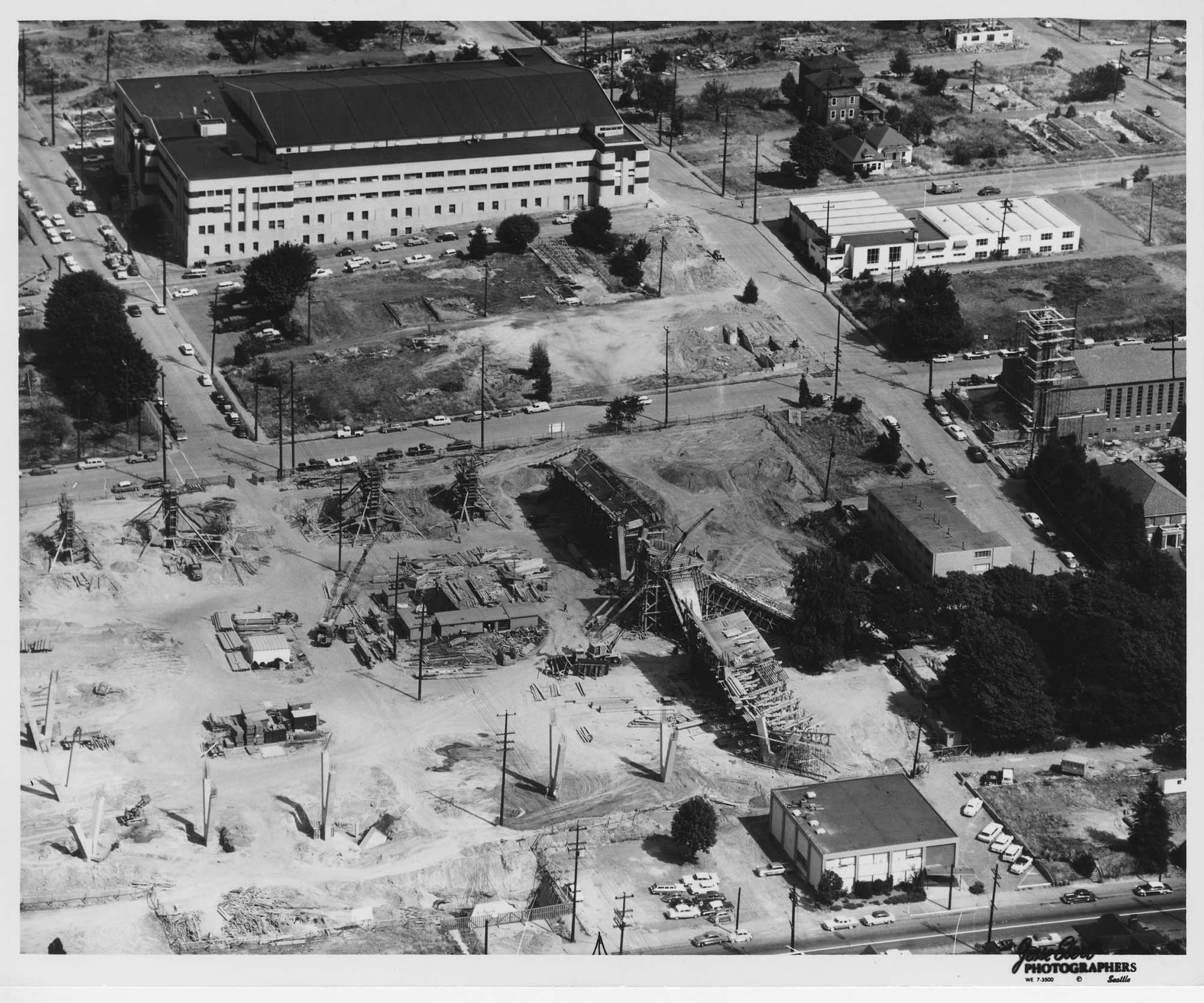 Image of Aerial view of Washington State Coliseum construction site, Seattle, 1960