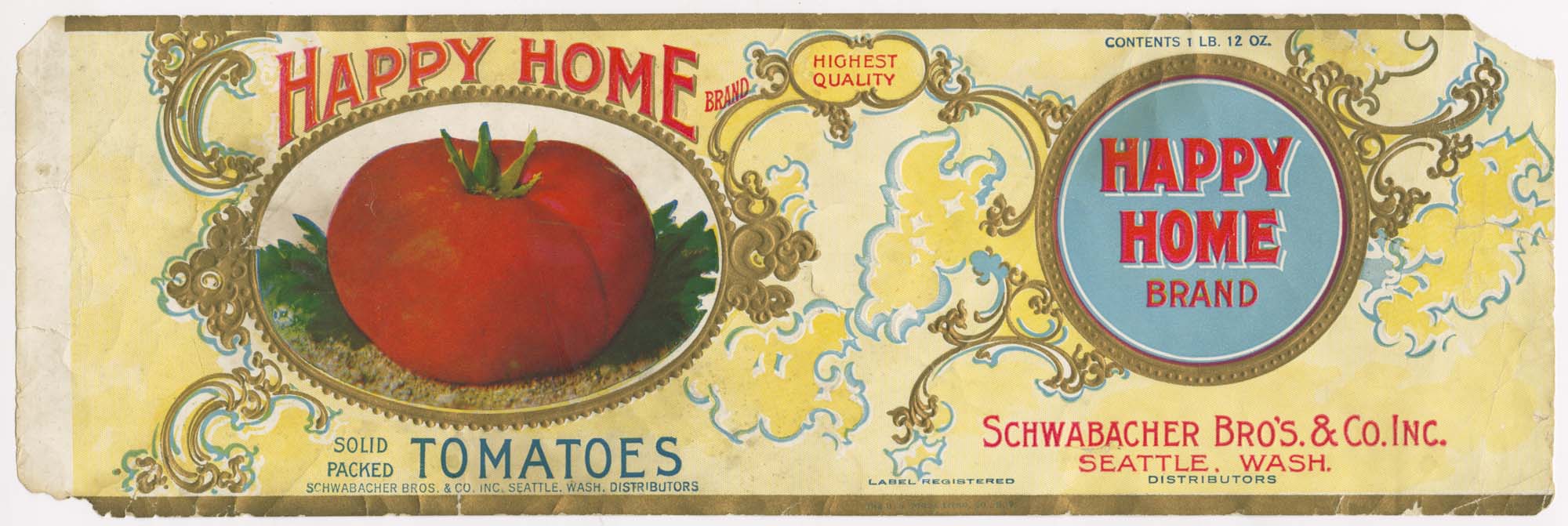 Image of Happy Home Brand Tomatoes can label, circa 1920