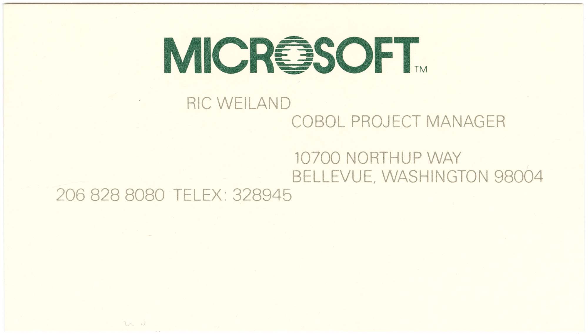 Image of Ric Weiland's Microsoft business card, circa 1980