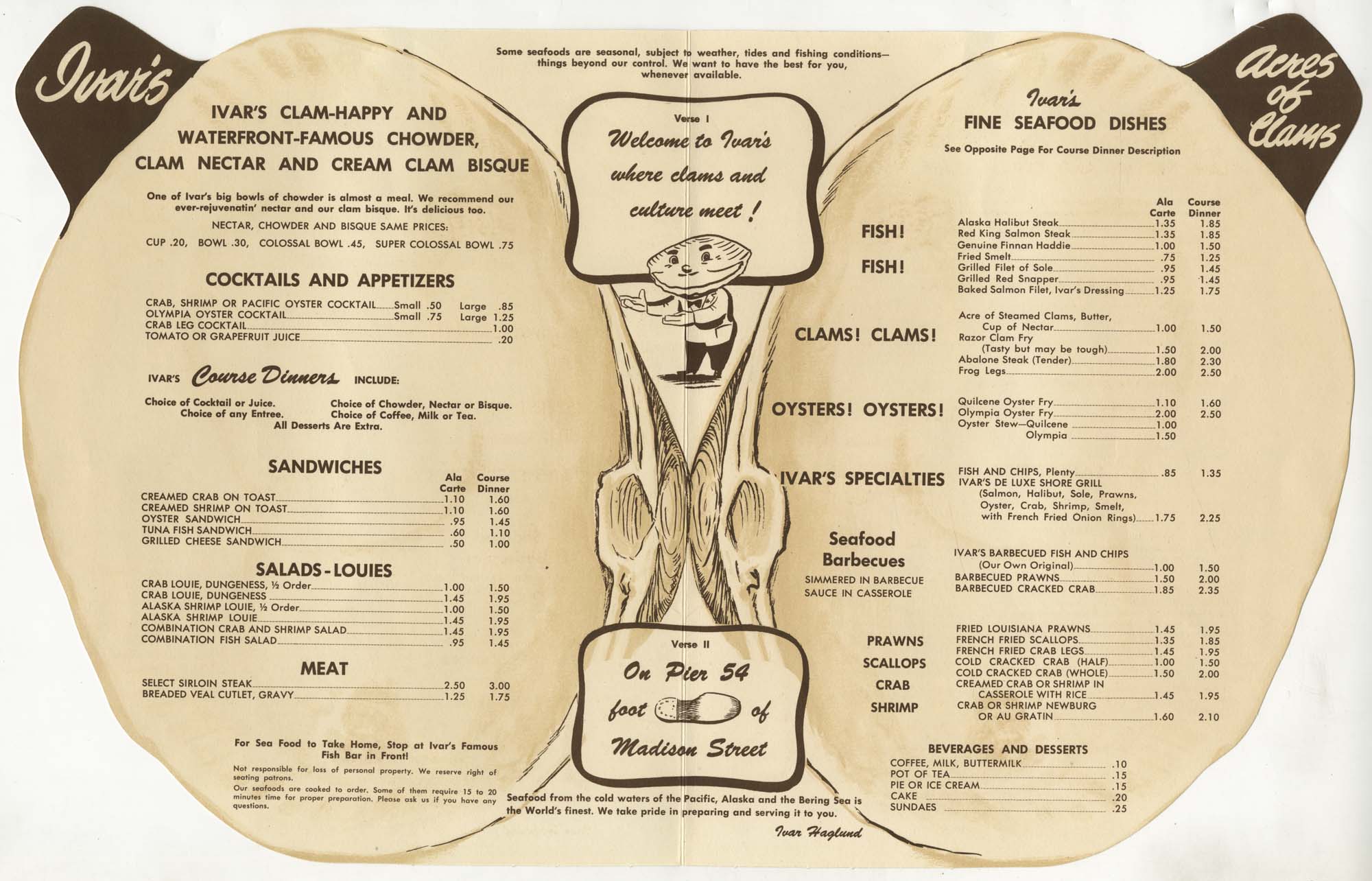 Image of Ivar's Acres of Clams menu, circa 1950