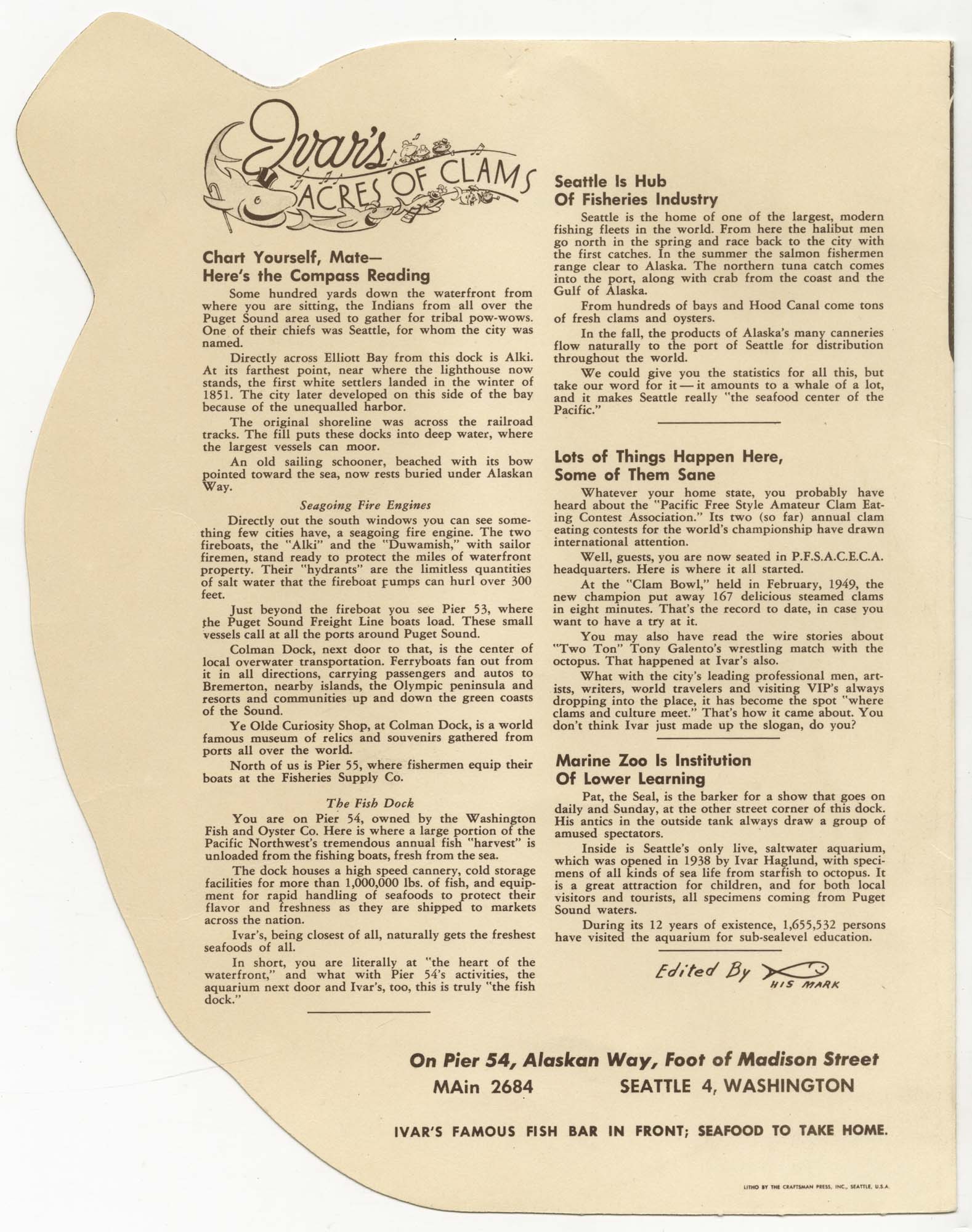 Image of Ivar's Acres of Clams menu, circa 1950