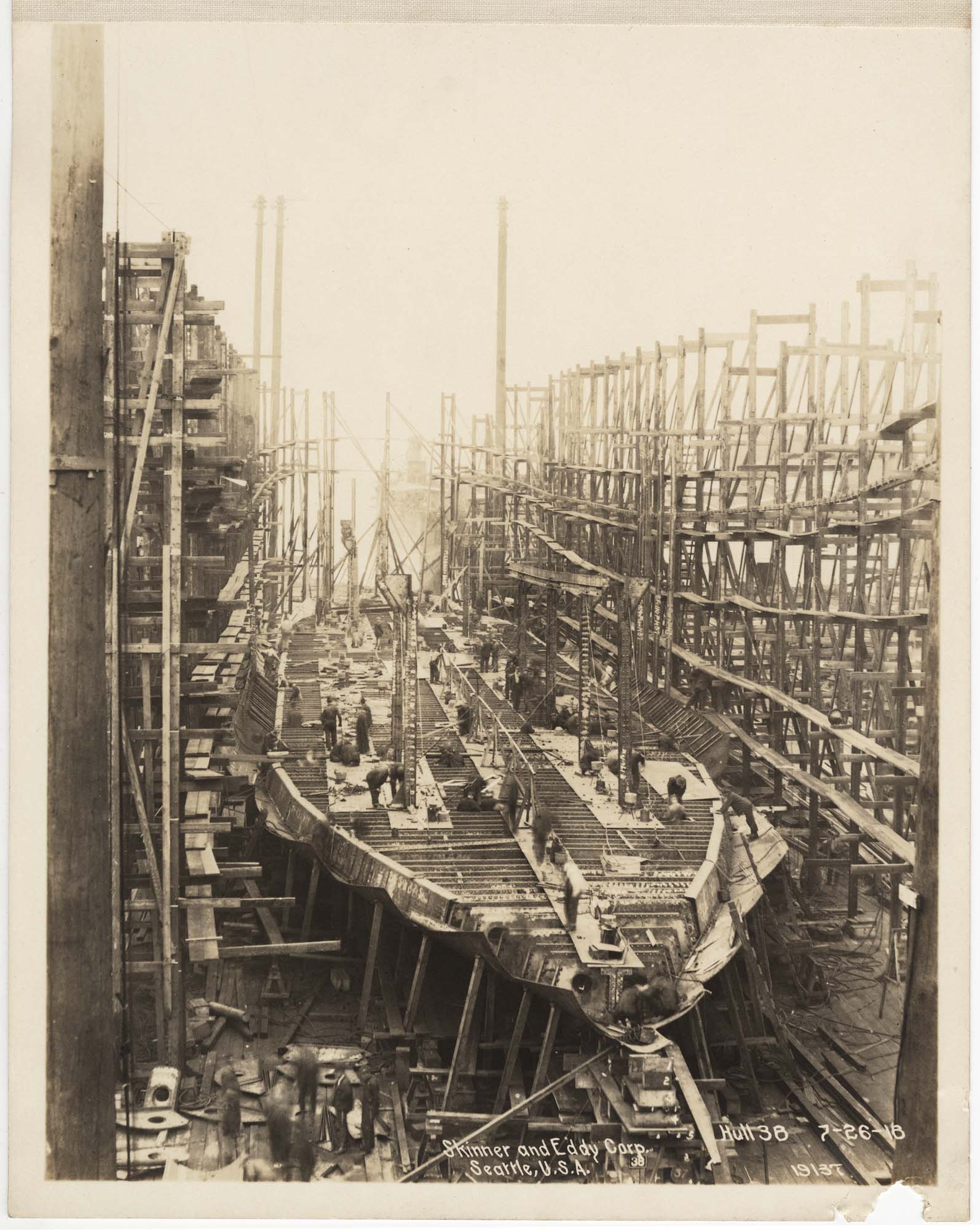 Image of S.S. West Elcasco hull under construction in scaffolding, Skinner & Eddy shipyard, Seattle, July 26, 1918