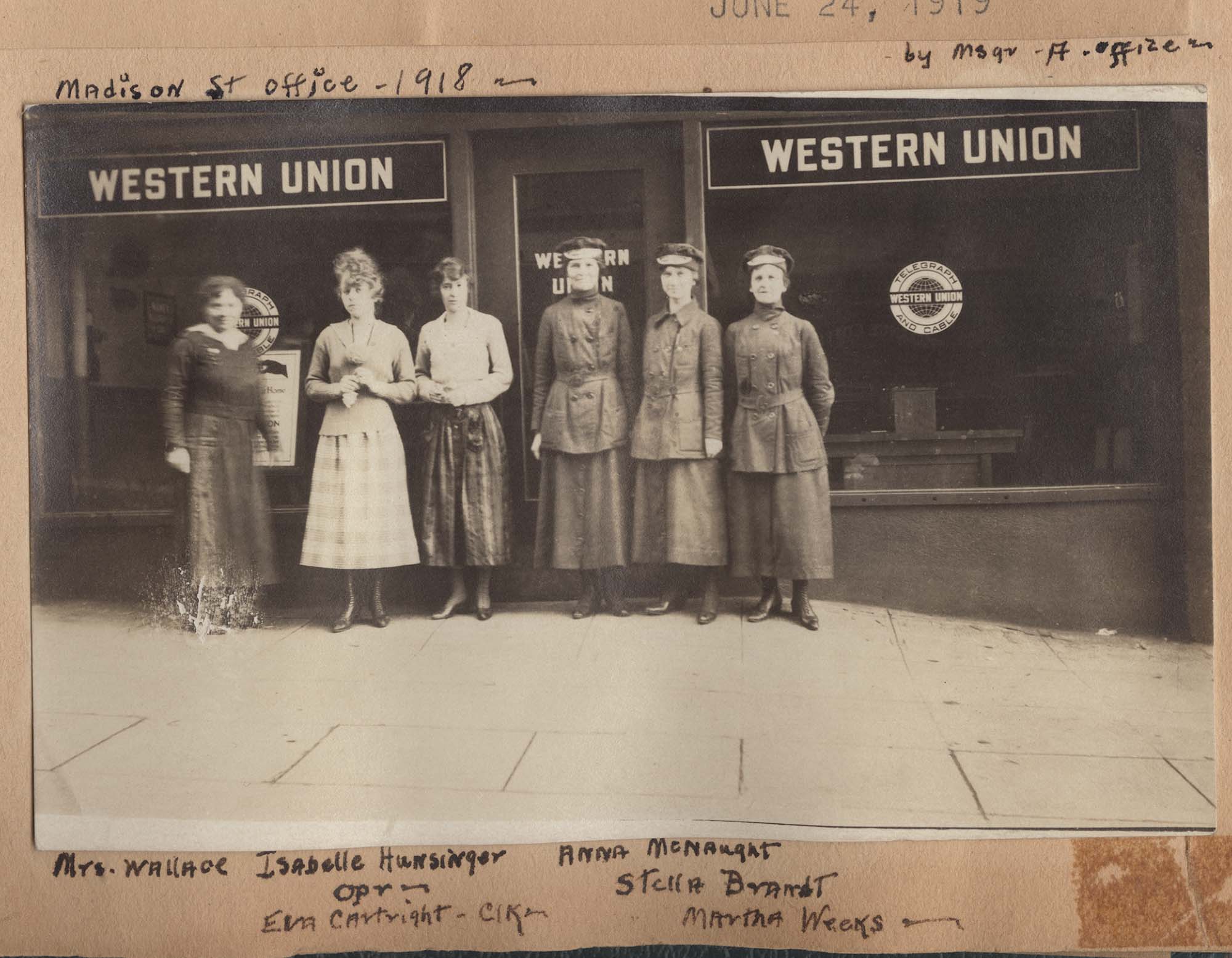Image of Women employees in front of Western Union Telegraph Office, Seattle, 1918