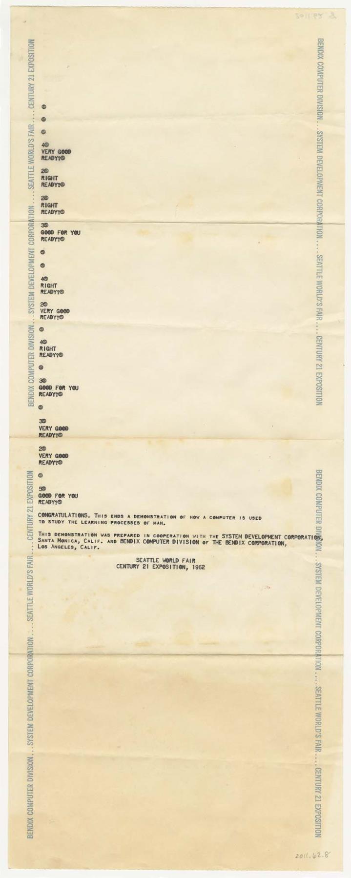 Image of Bendix Computer Division demonstration printout, Seattle World's Fair, 1962