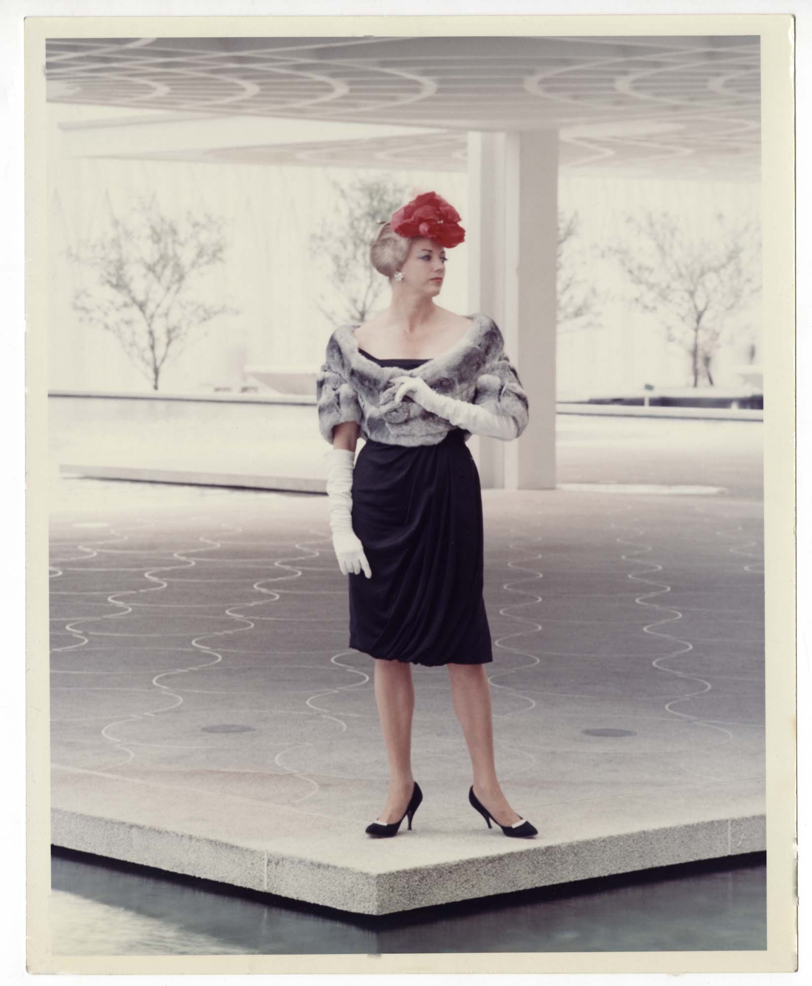Image of Donna Rydberg modeling an outfit at the US Science Pavilion, Seattle, 1962