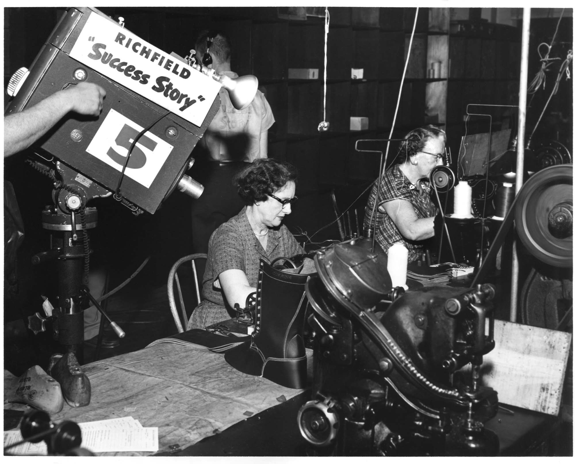 Image of Filming workers for a documentary at the Currin-Greene Shoe Manufacturing Company, Seattle, 1959