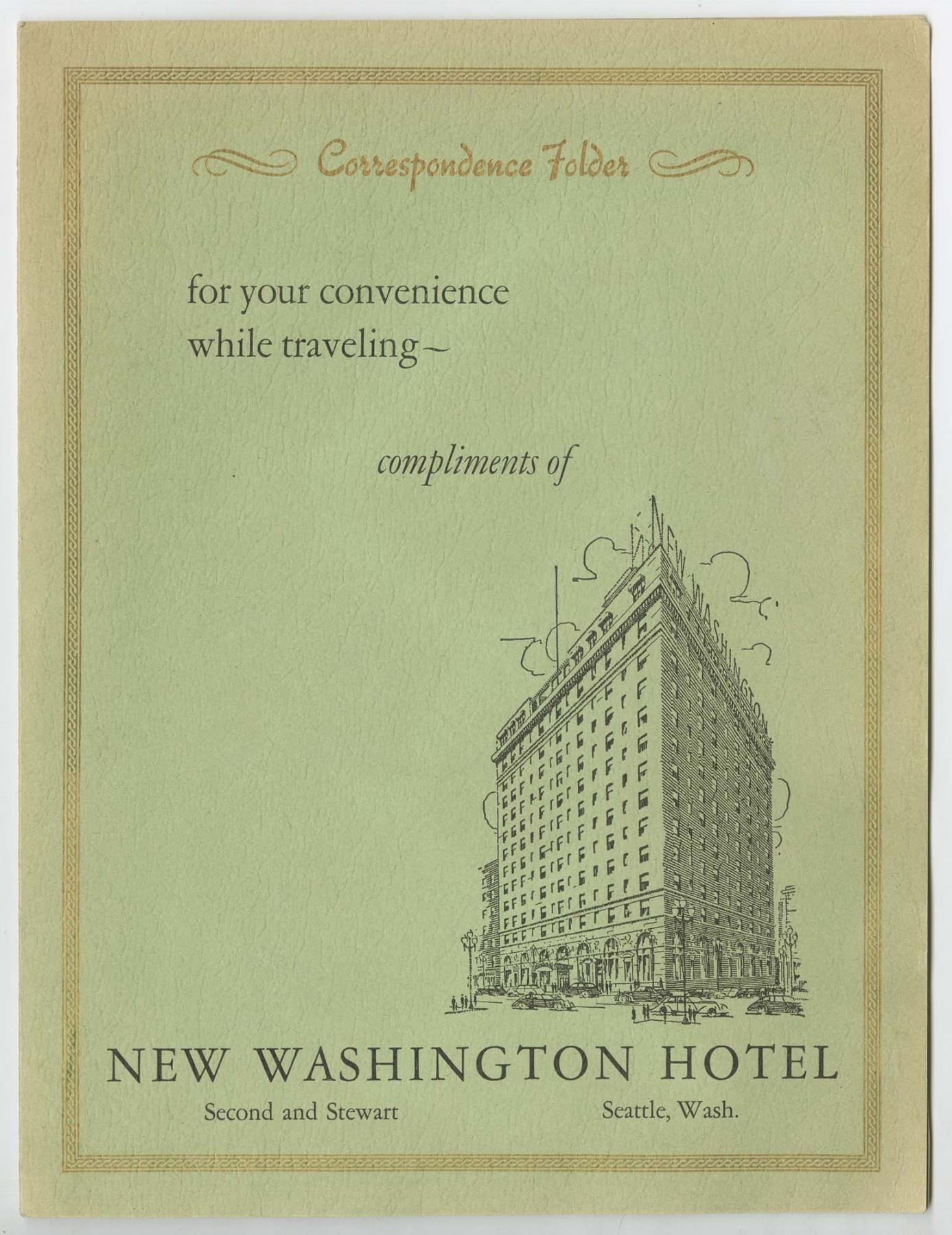 Image of New Washington Hotel stationery folder, circa 1950