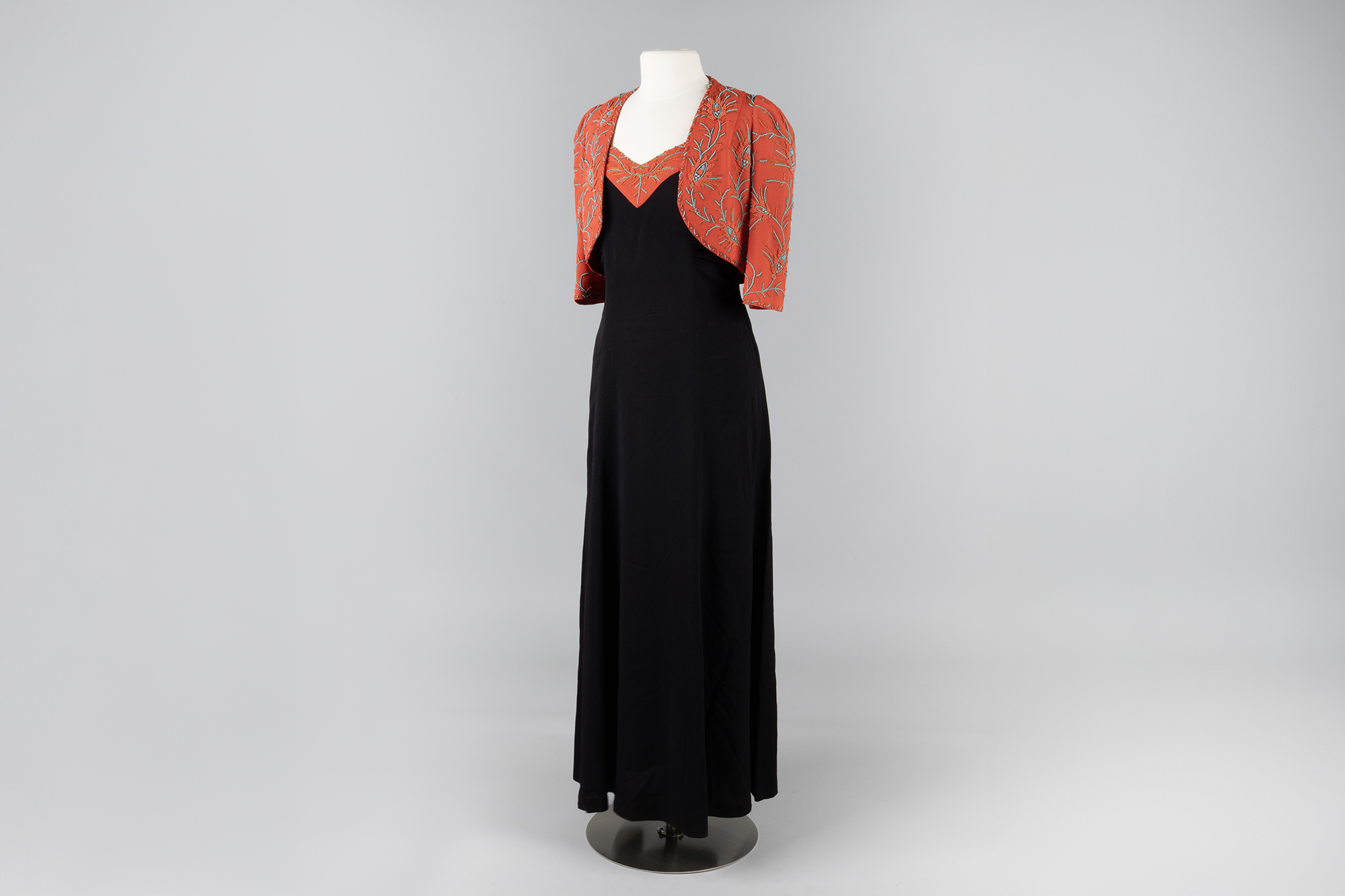 Image of Black Crepe dress with beaded coral bolero, 1930s