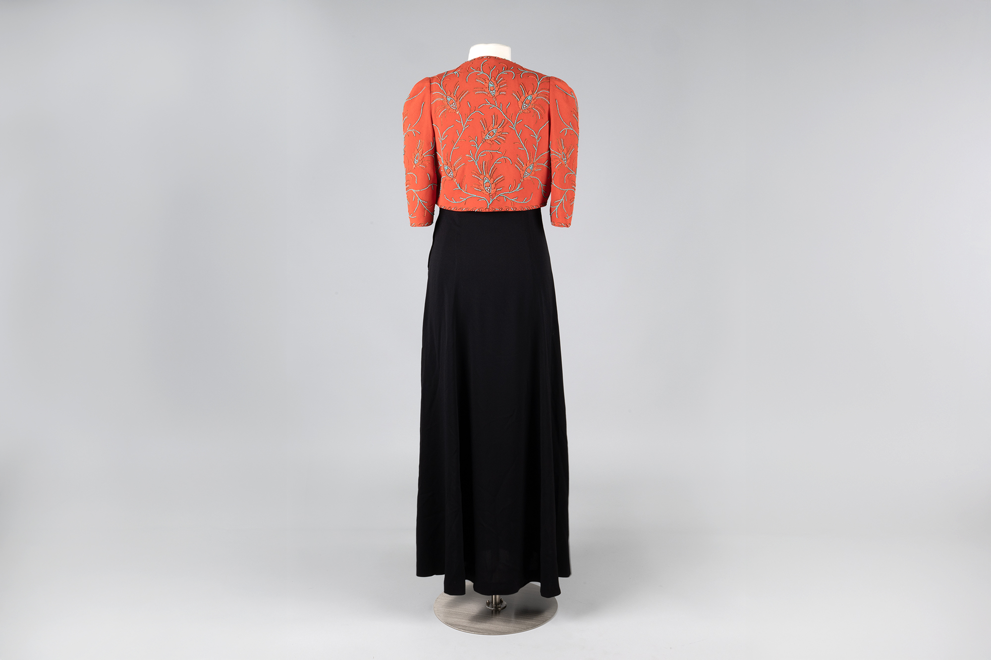 Image of Black Crepe dress with beaded coral bolero, 1930s