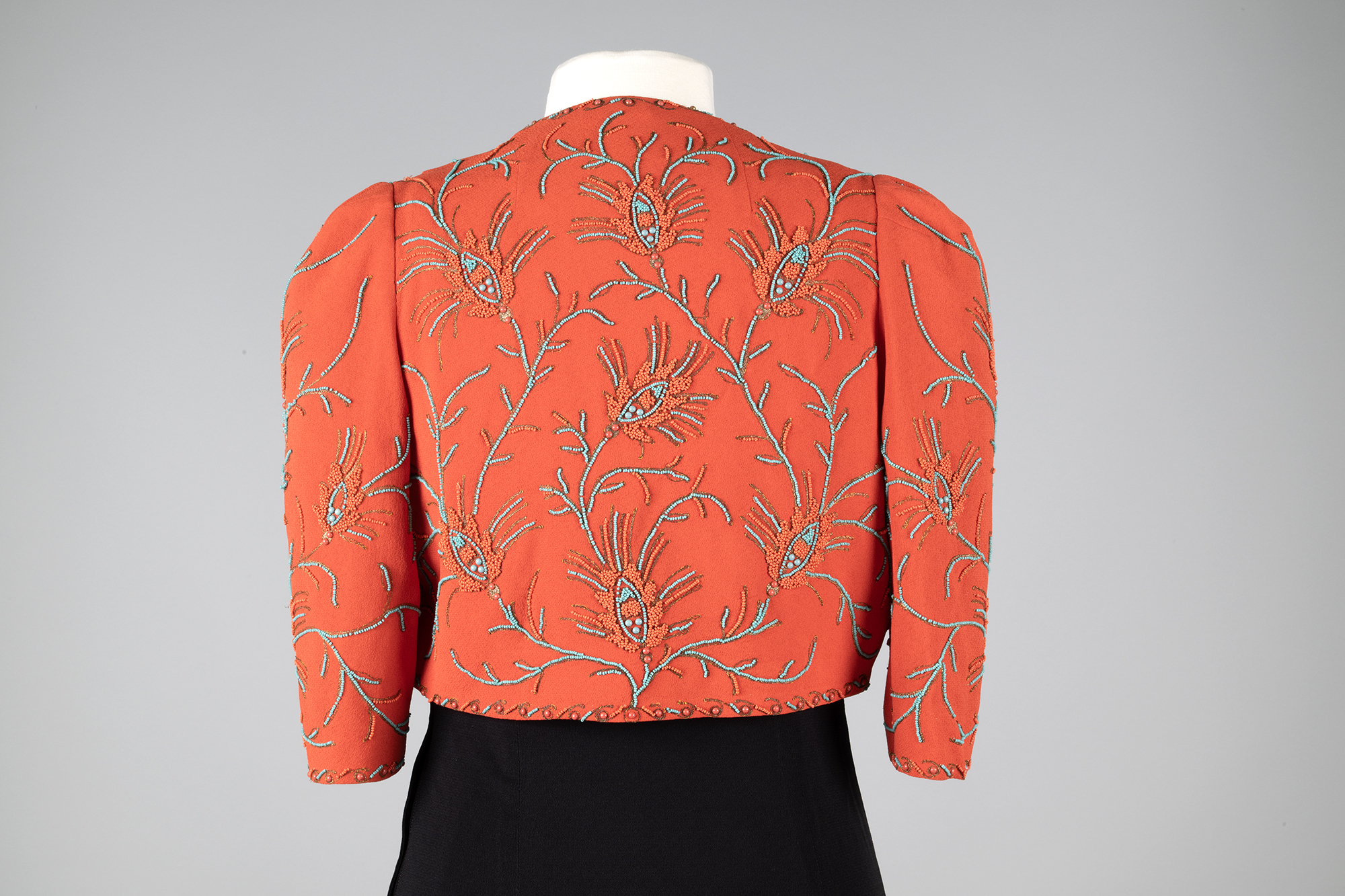 Image of Black Crepe dress with beaded coral bolero, 1930s