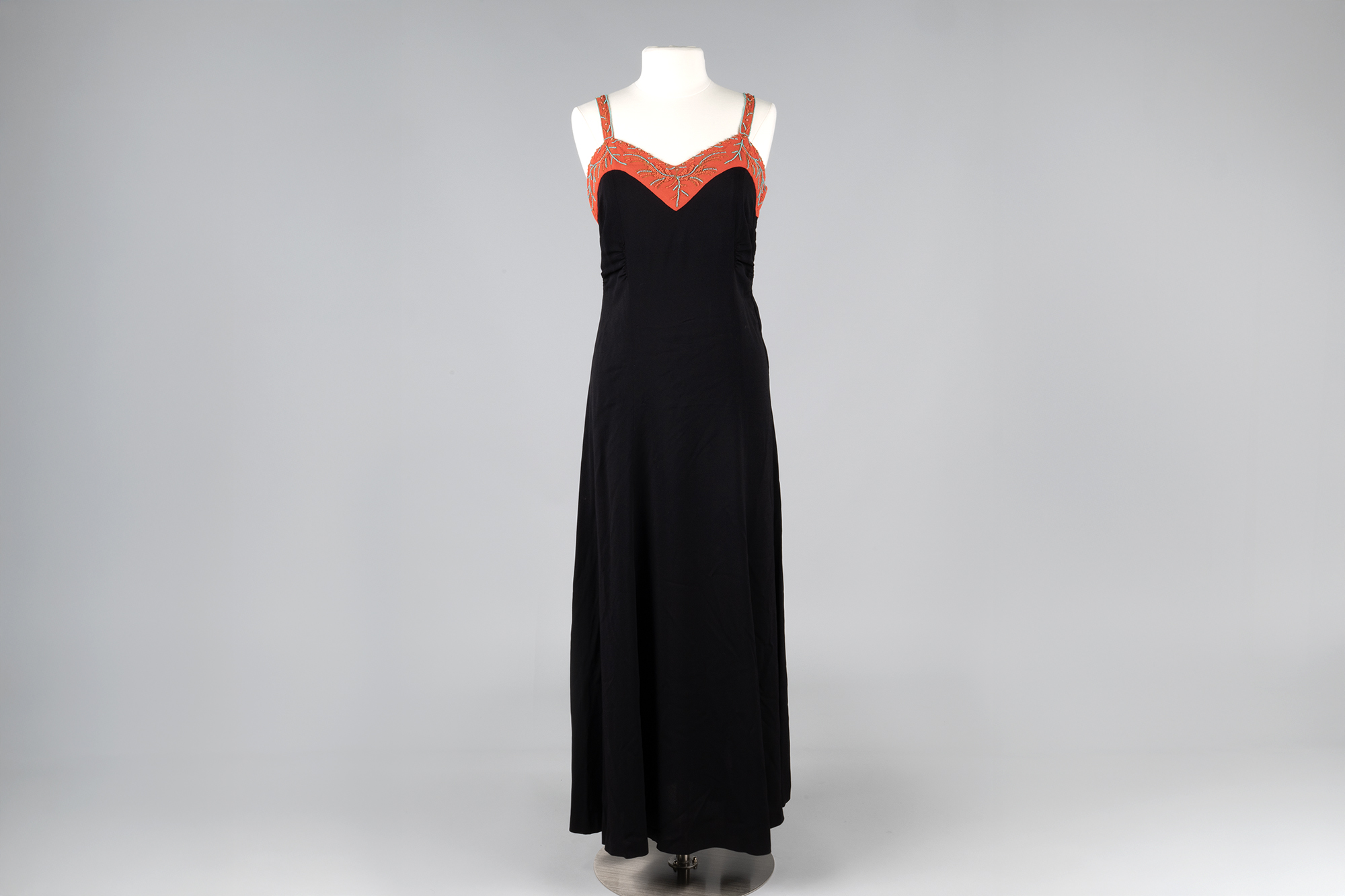 Image of Black Crepe dress with beaded coral bolero, 1930s