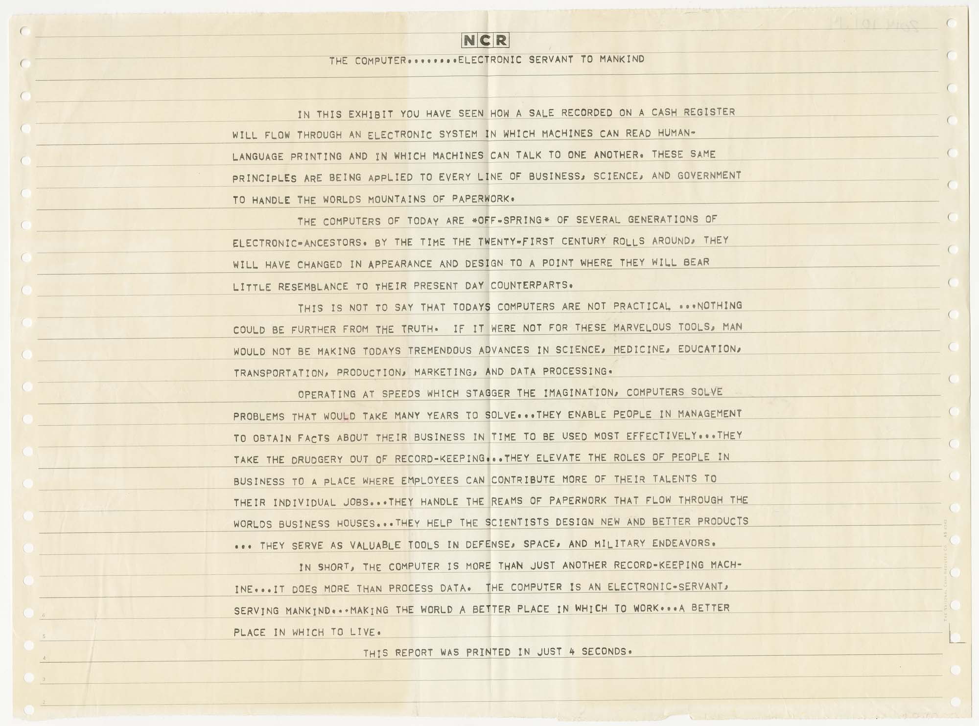 Image of NCR demonstration printout, World's Fair, Seattle, 1962