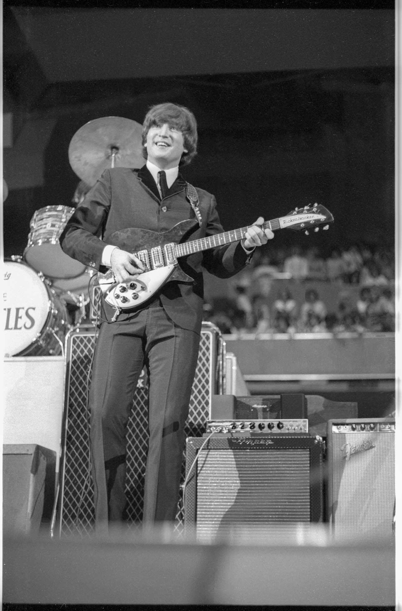 John Lennon on guitar at the Beatles concert, Seattle Center Coliseum,  August 21, 1964 – Museum of History \u0026 Industry, image size:1315x2000