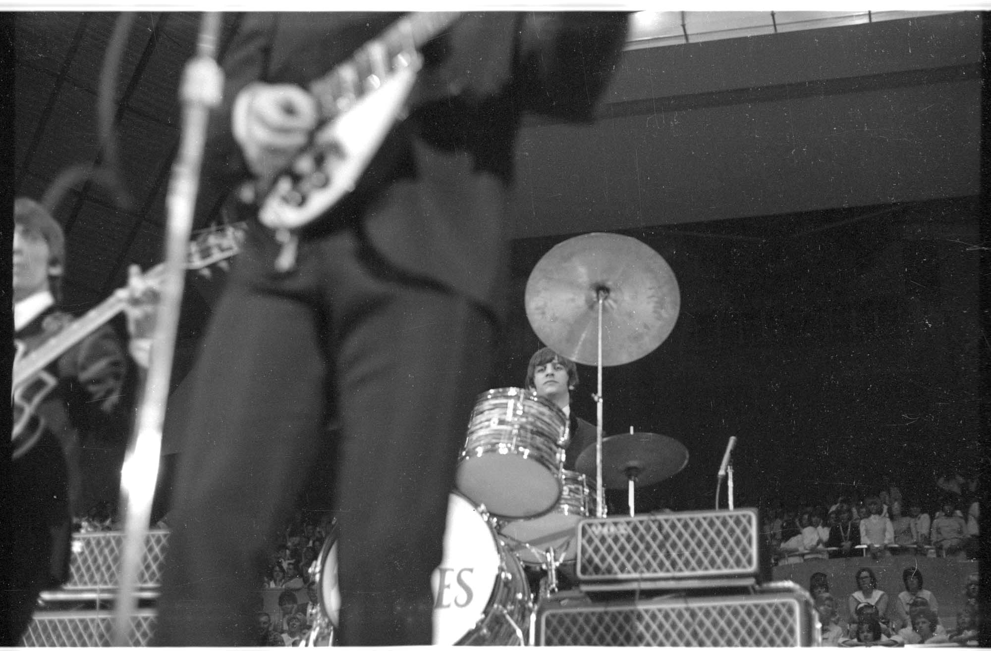 Image of Ringo Starr on drums at the Beatles concert at Seattle Center Coliseum, August 21, 1964