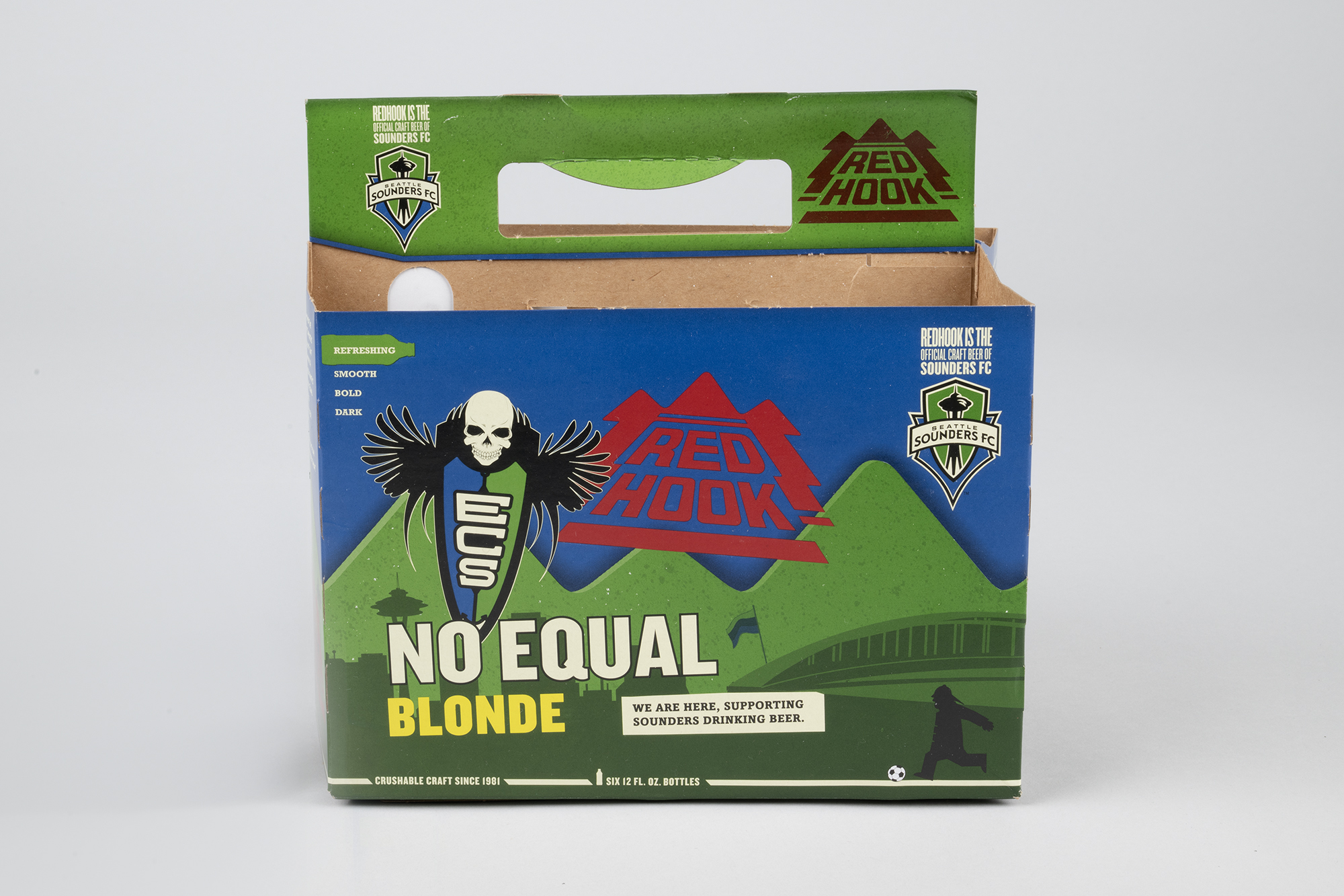 Image of Six-pack beer carrier, Red Hook Seattle Sounders ECS No Equal Blonde, ca. 2014