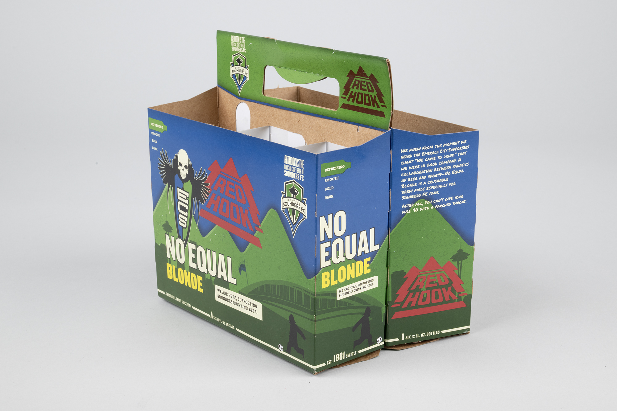 Image of Six-pack beer carrier, Red Hook Seattle Sounders ECS No Equal Blonde, ca. 2014