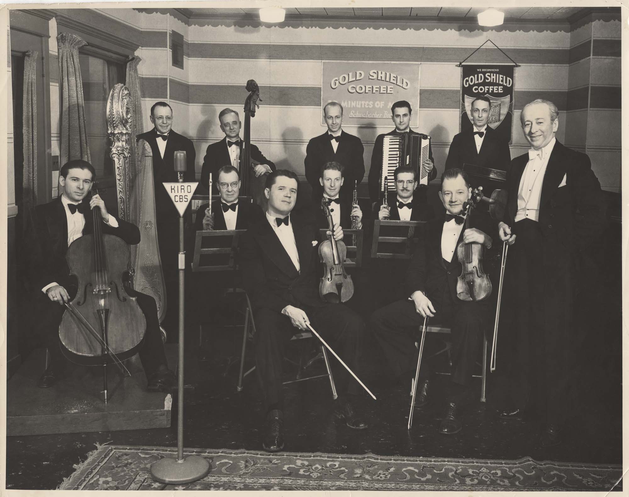Image of KIRO Gold Shield Coffee orchestra in studio, circa 1940