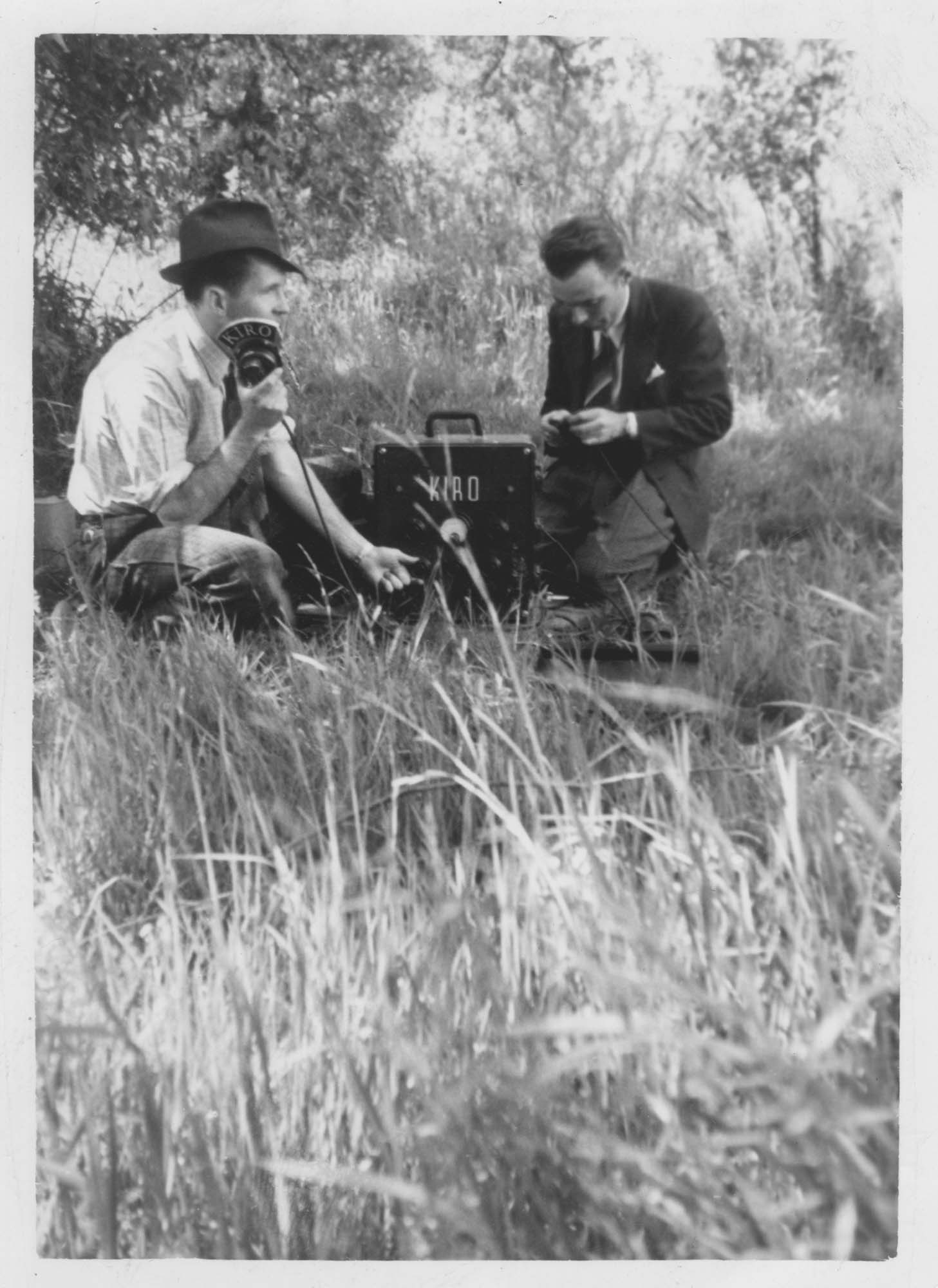 Image of KIRO engineers Jim Hatfield and Jim Upthegrove working near Lake Washington, 1938