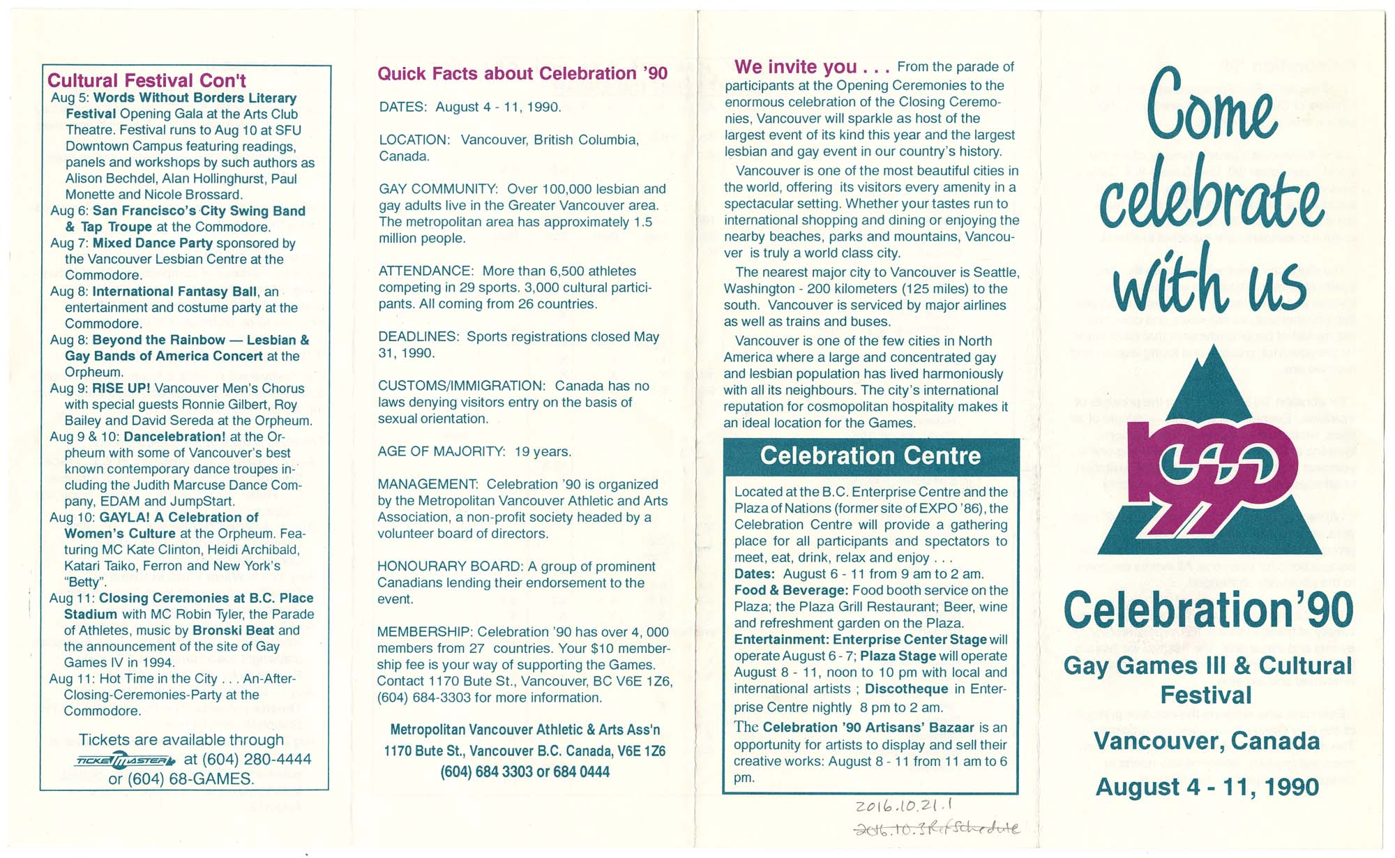 Image of Celebration '90: Gay Games III & Cultural Festival brochure, August 1990