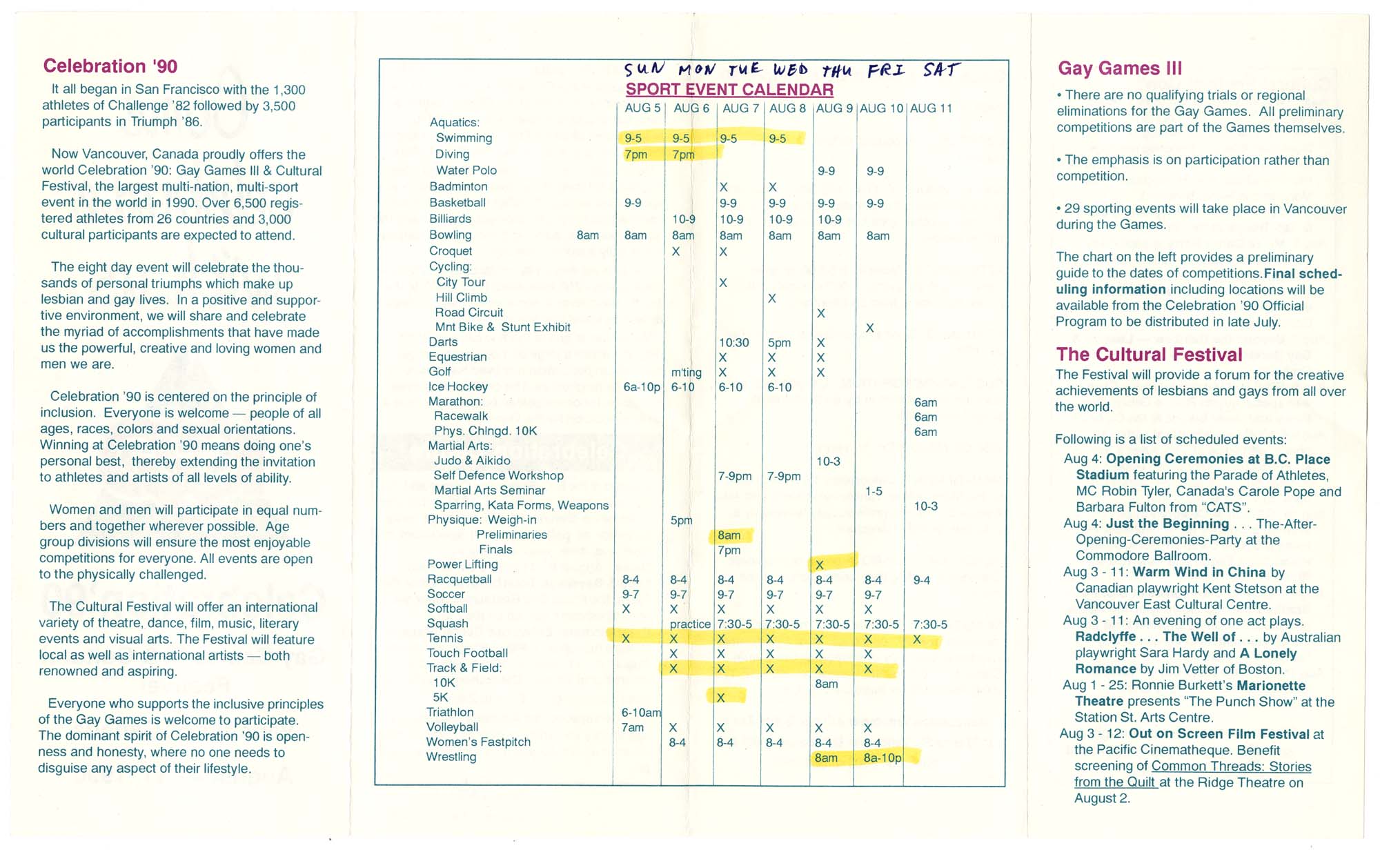 Image of Celebration '90: Gay Games III & Cultural Festival brochure, August 1990