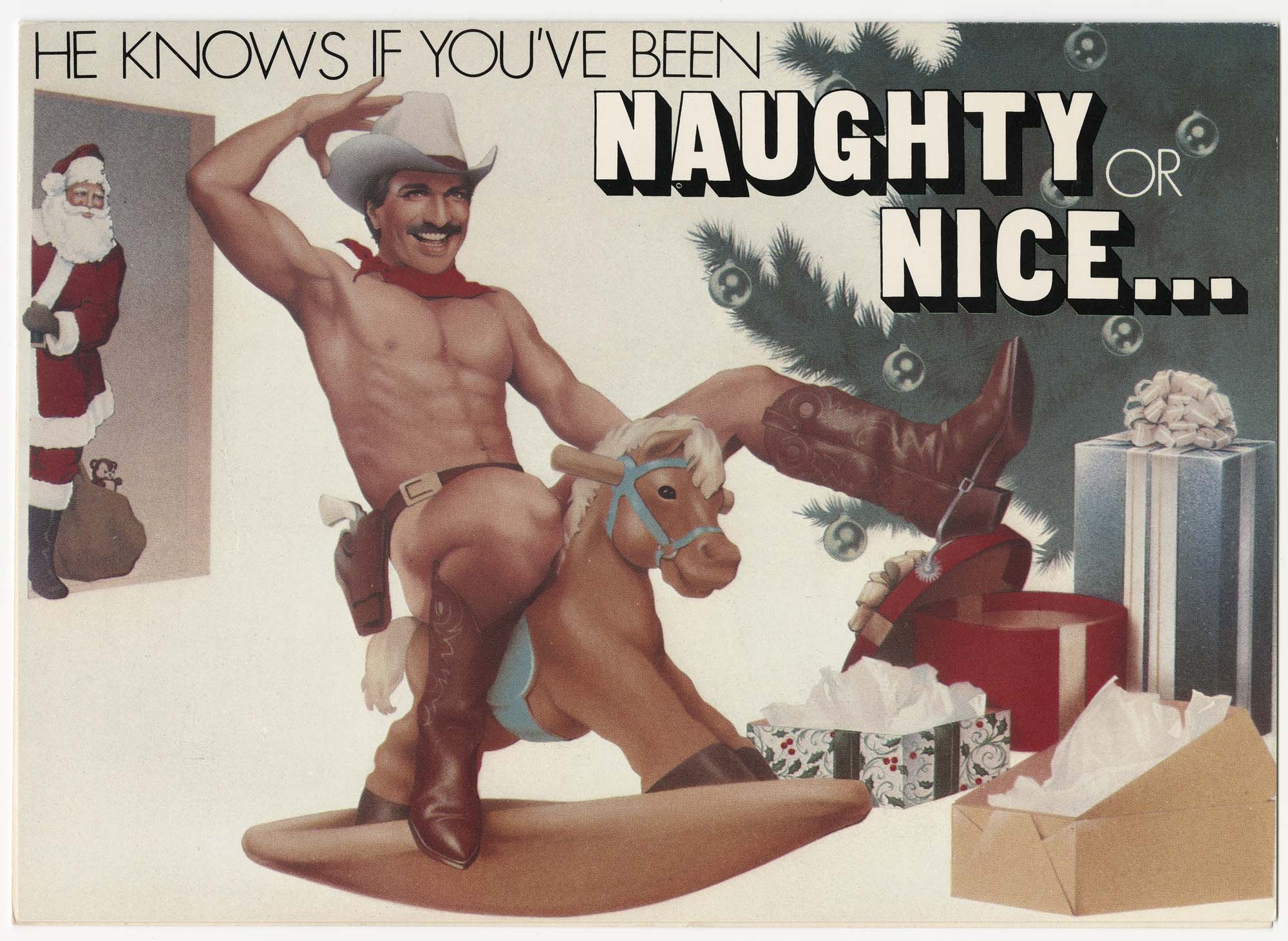 Image of Holiday card with photo of Ric Weiland in Pegasus costume, Seattle, 1983