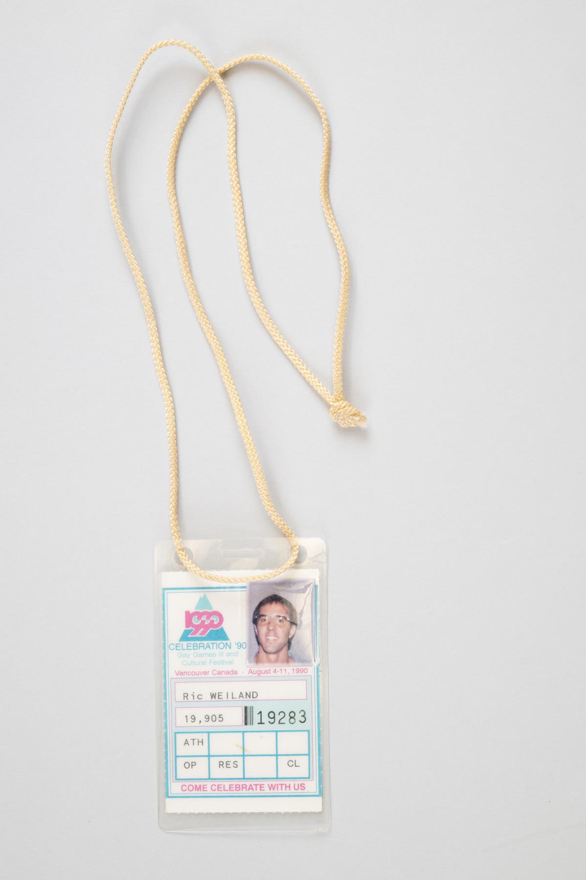 Image of Ric Weiland ID badge from the Gay Games, 1990
