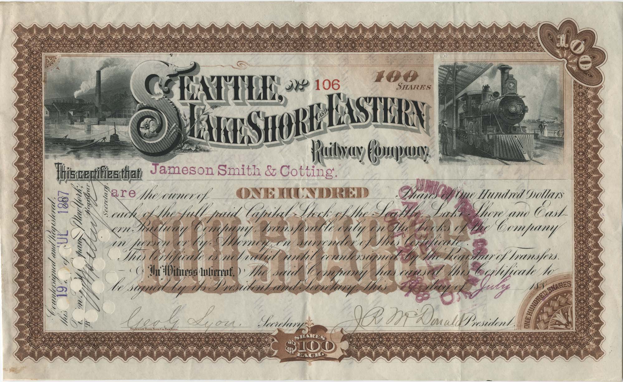 Image of Seattle, Lake Shore & Eastern Railway stock certificate, 1887