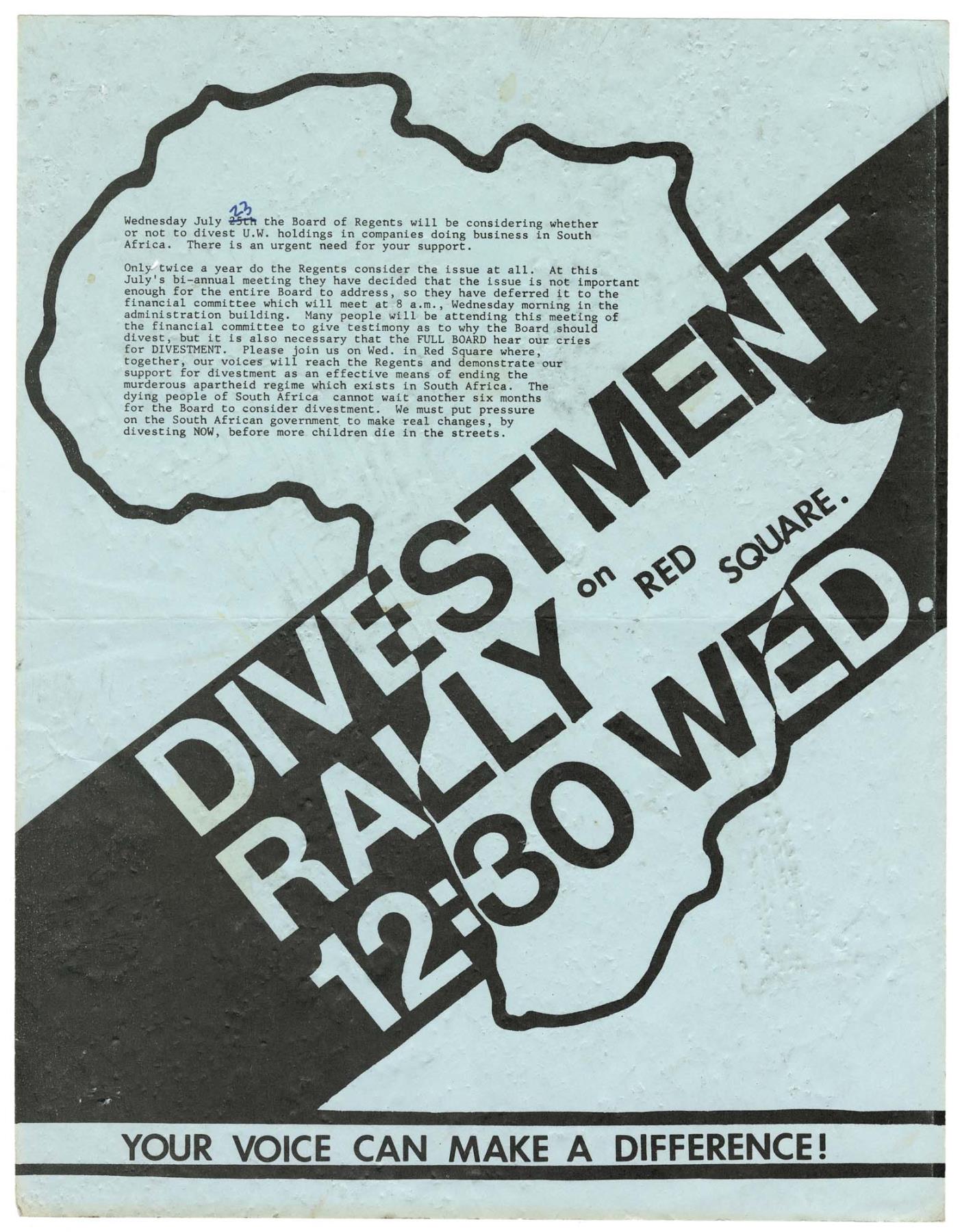 Image of Flier for UW divestment rally at Red Square, July 1986