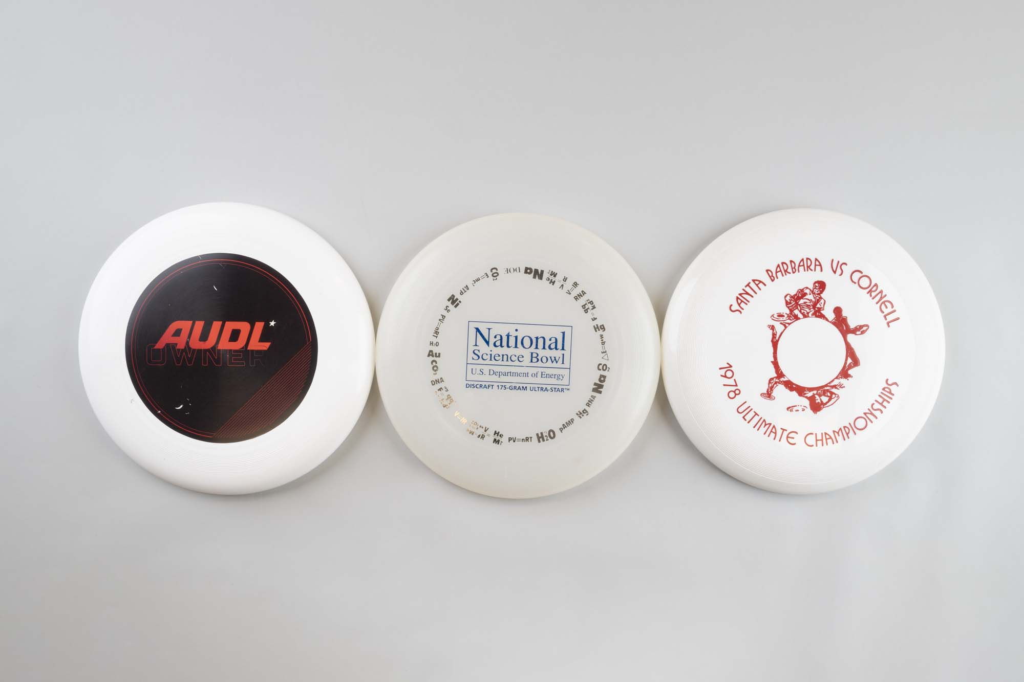 Image of Three frisbees that belonged to Bill Nye, ca. 1980-2010