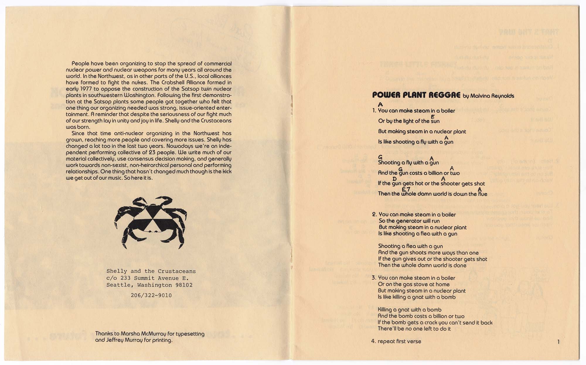 Image of An Anti-Nuclear Songbook as performed by Shelly & the Crustaceans, circa 1980
