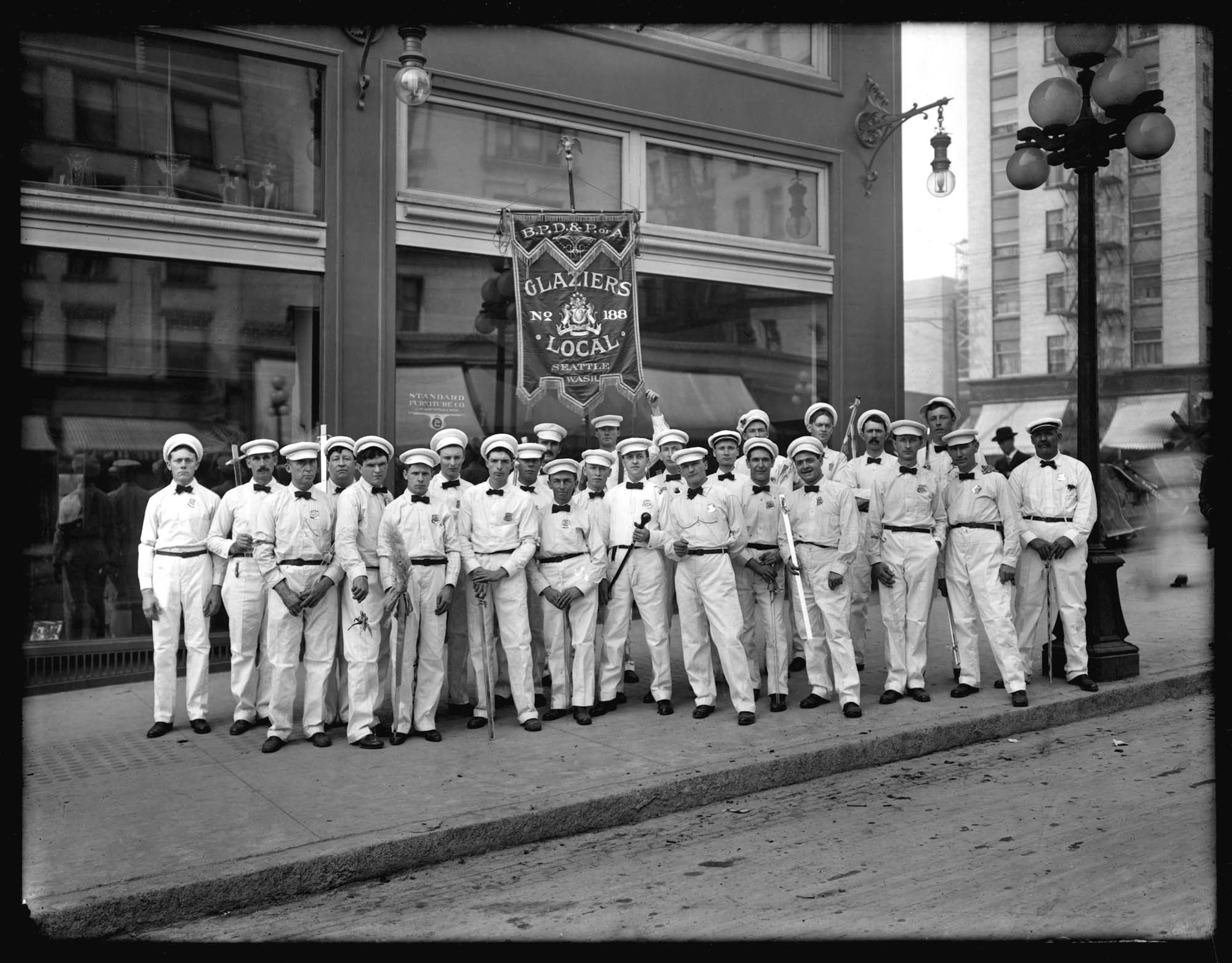 Image of Glaziers Local 188 at Standard Furniture Building, Seattle, circa 1905