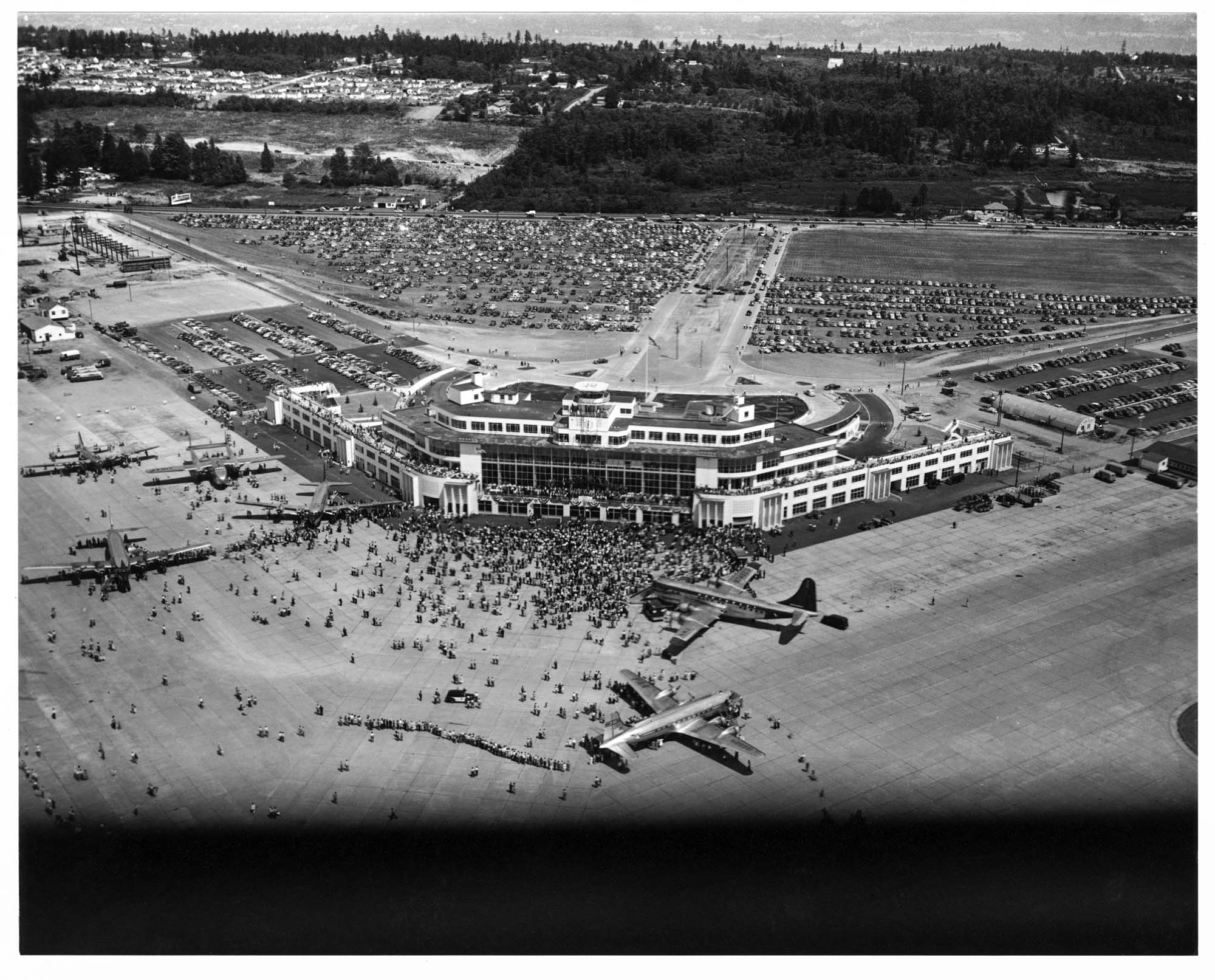 Image of Aerial view of Sea-Tac Airport on opening day, July 9, 1949