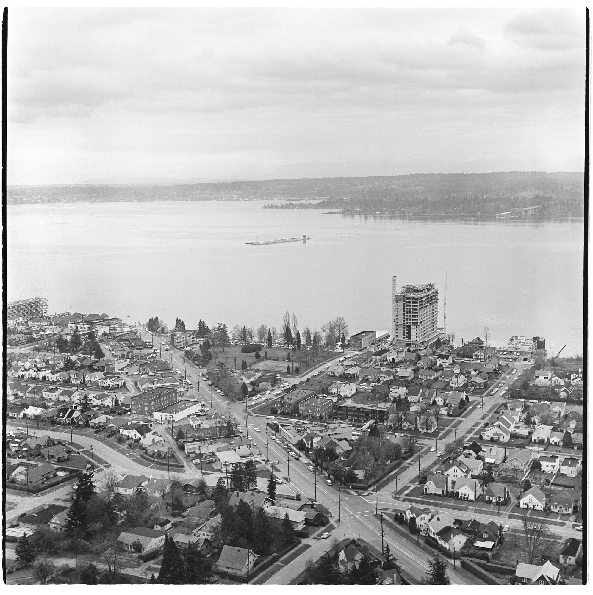Image of Aerial of Evergreen Point Bridge under construction from southwest, Seattle, 1963