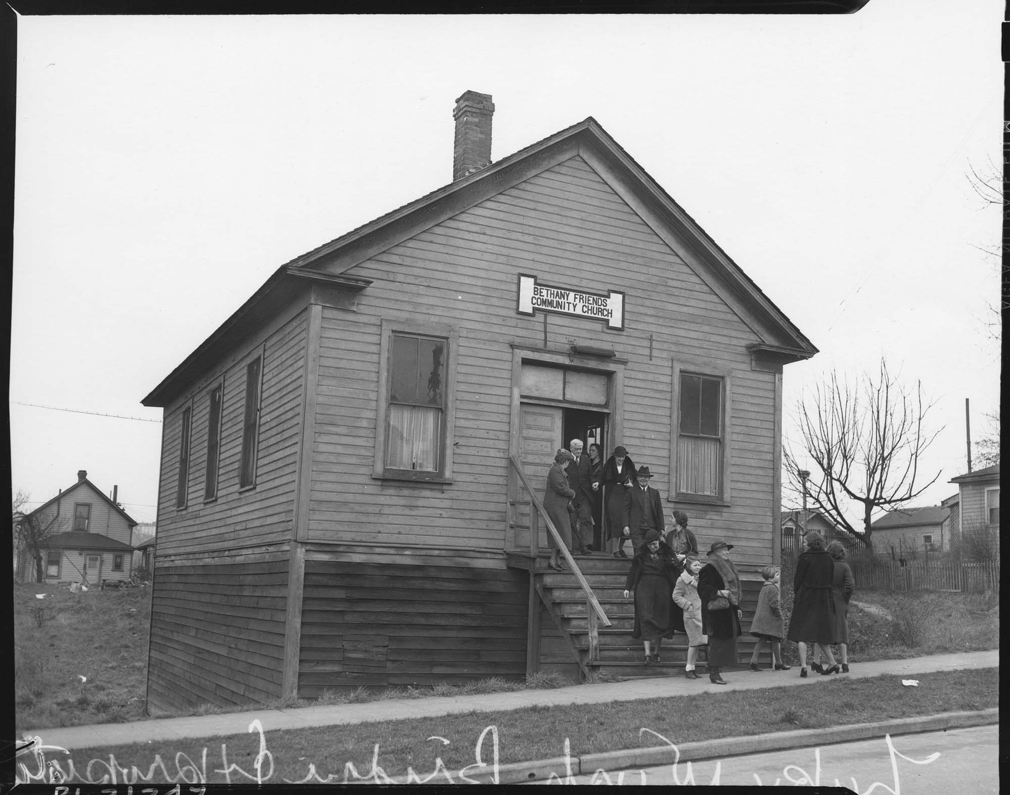 Image of Parishioners exiting Bethany Friends Community Church, Seattle, 1939
