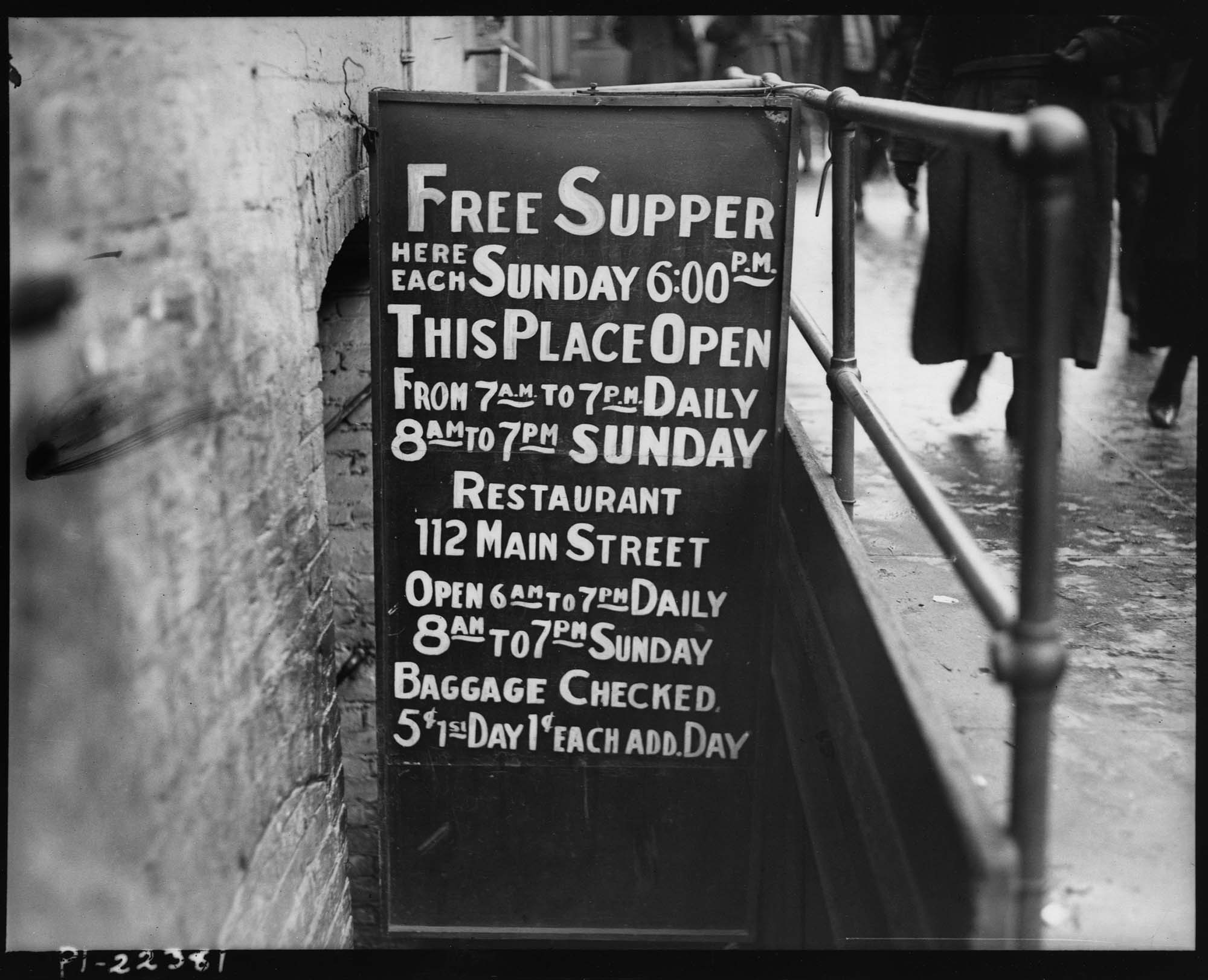 Image of Sign outside Millionair Club offering free Sunday supper, Seattle, circa 1925