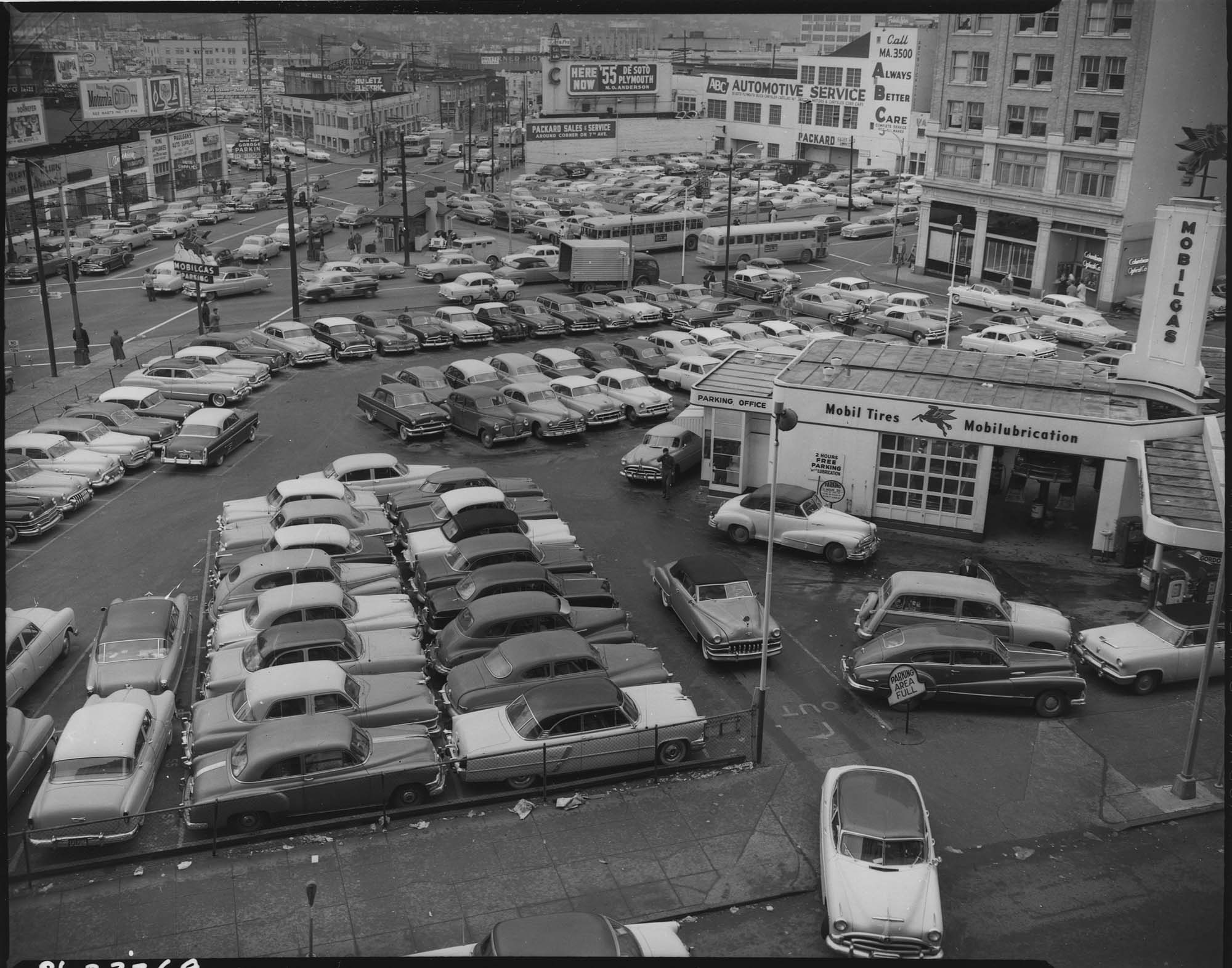 Image of Full downtown parking lot during Christmas shopping season, Seattle, 1954