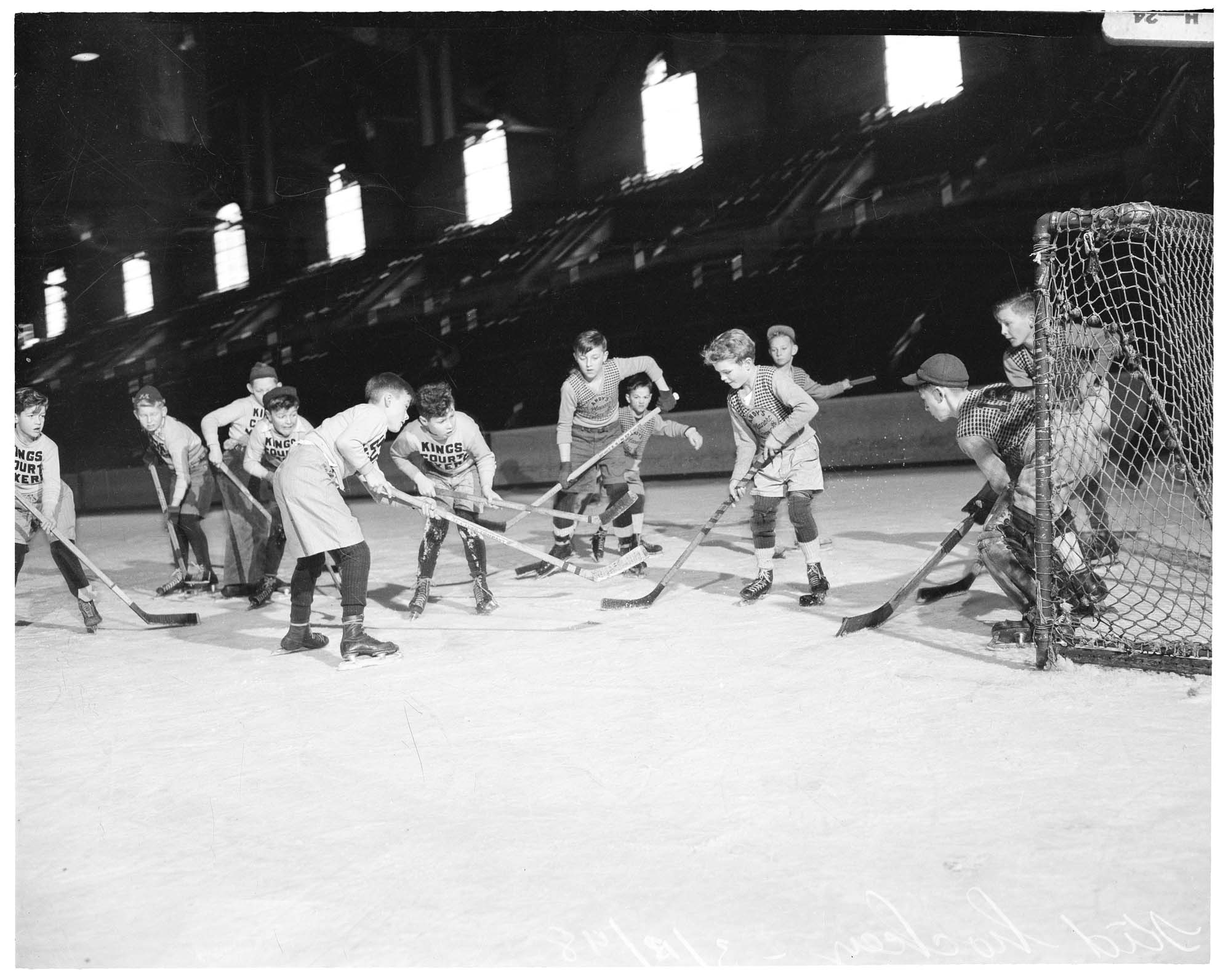 Image of Youth hockey teams playing at Civic Ice Arena, Seattle, March 1948