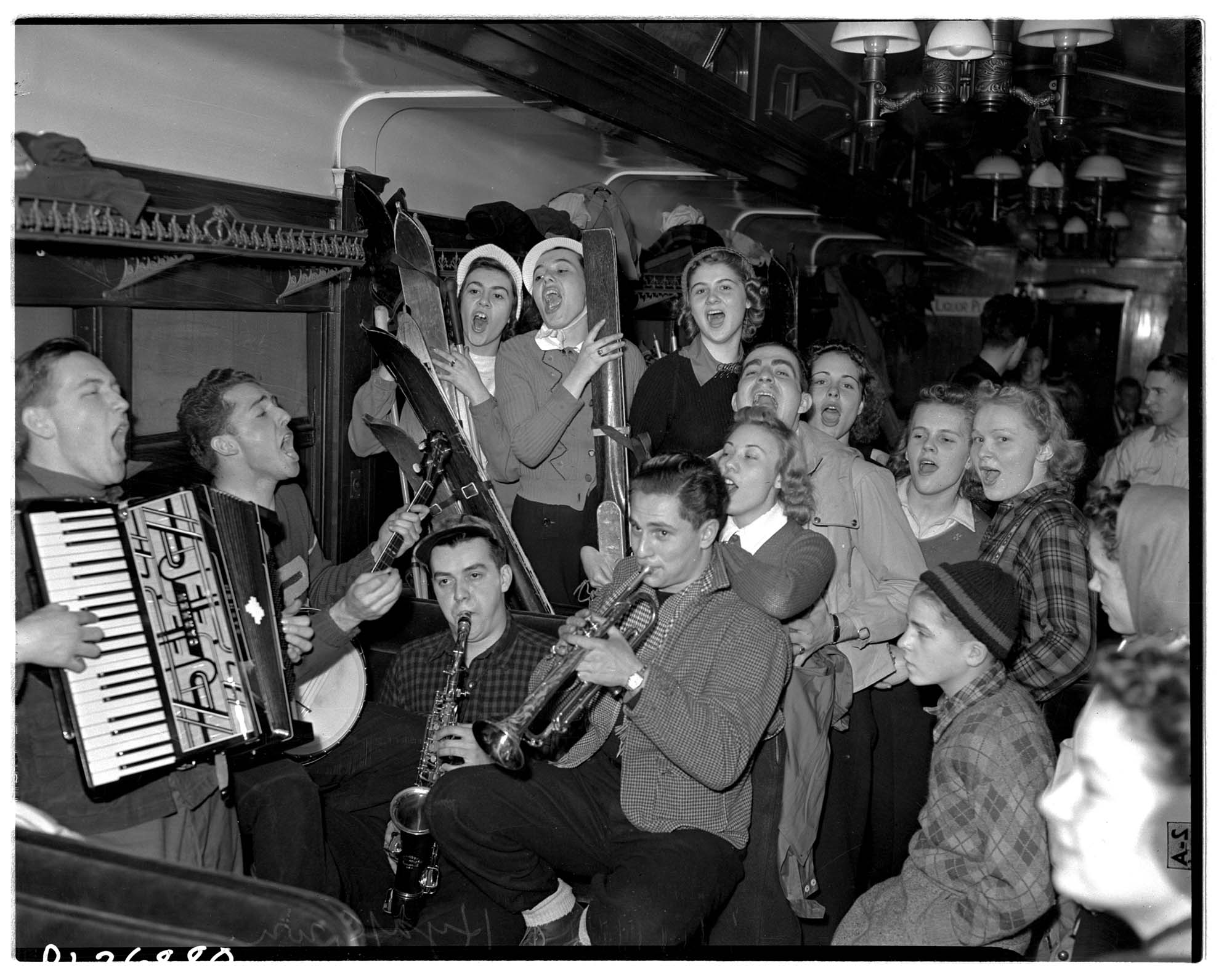 Image of Party on ski train to Snoqualmie Pass, January 28, 1939