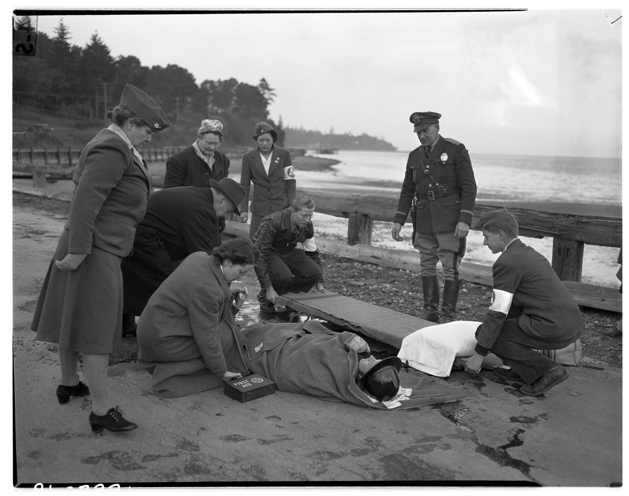 Image of Civil defense workers in first aid drill, Vashon Island, 1942
