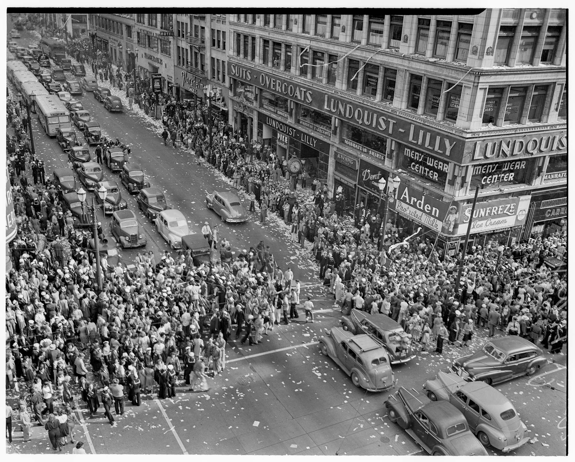 Image of Crowds at Fourth and Pike on V-J Day, Seattle,  August 14, 1945