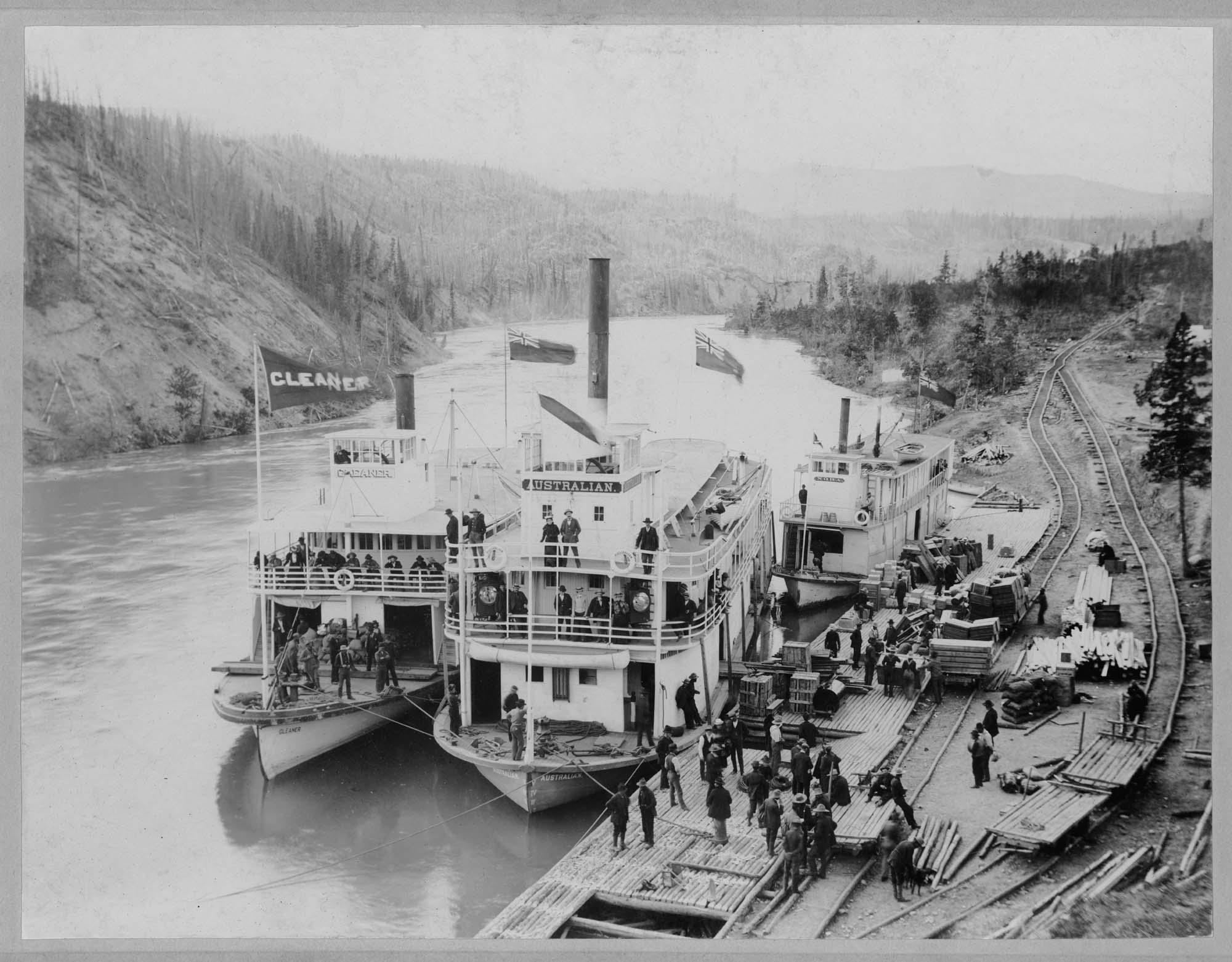 Image of Three steamboats at the Miles Canyon tramway, circa 1898