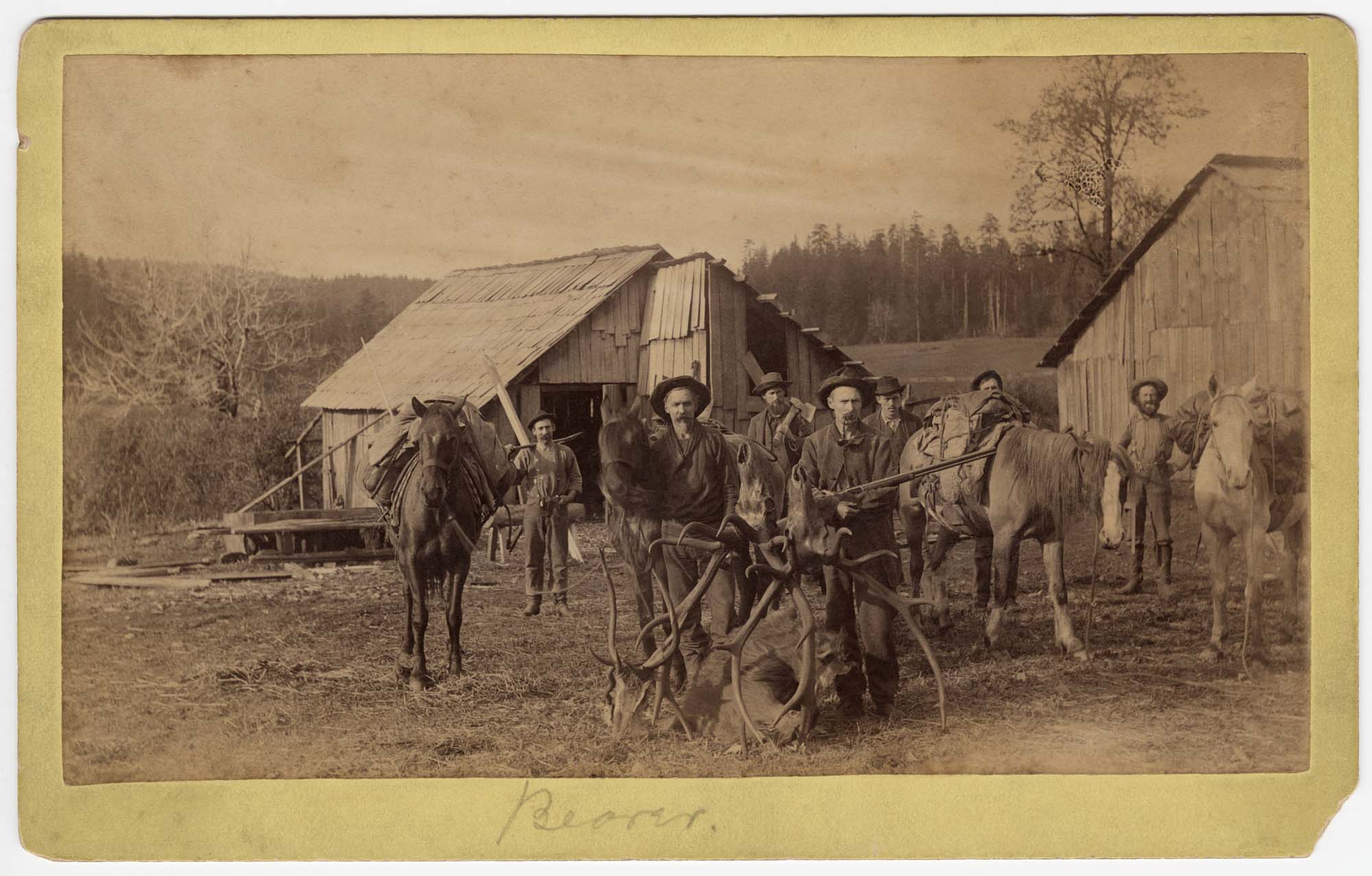 Image of Hunters with elk and pack animals, circa 1885